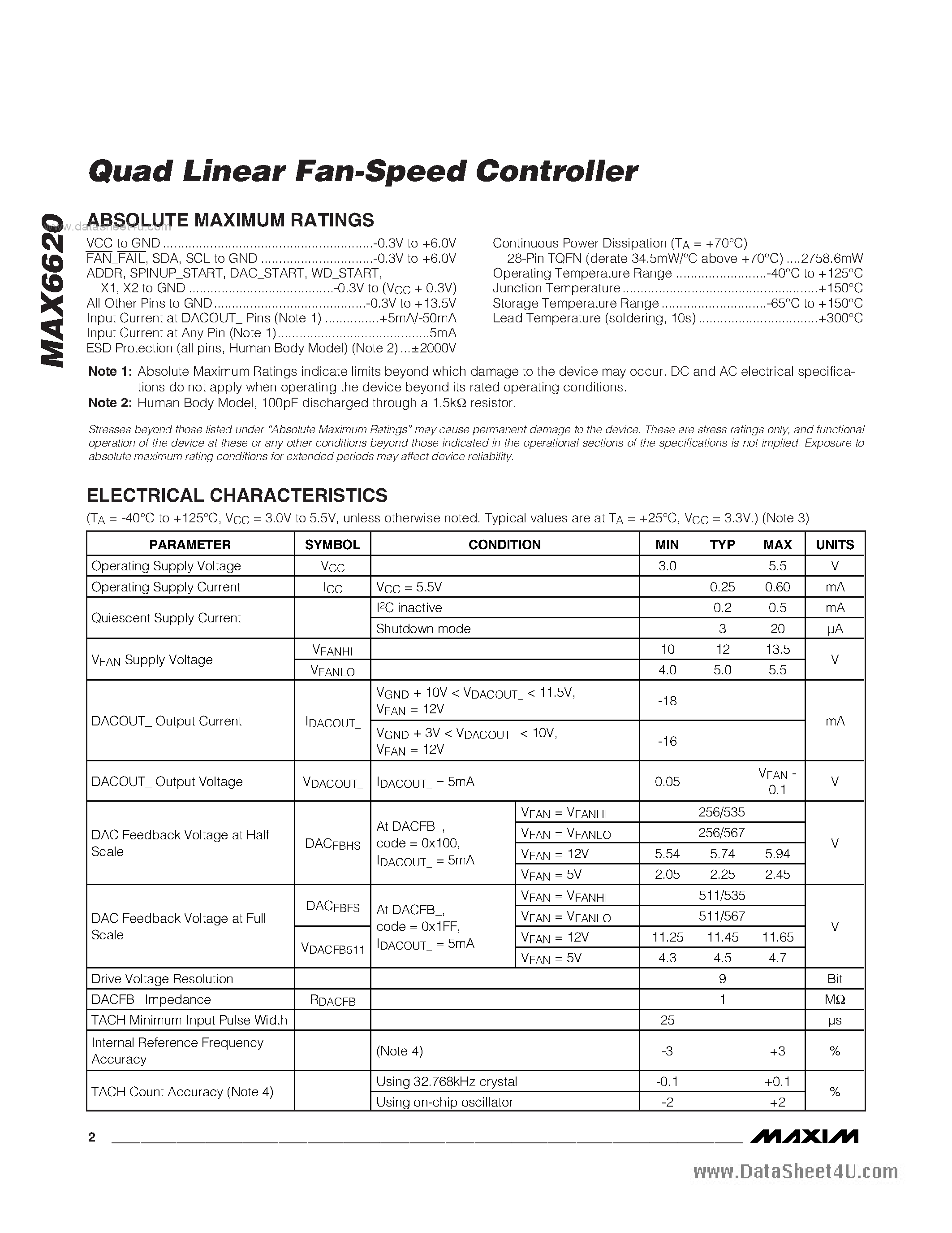 Datasheet MAX6620 - Quad Linear Fan-Speed Controller page 2