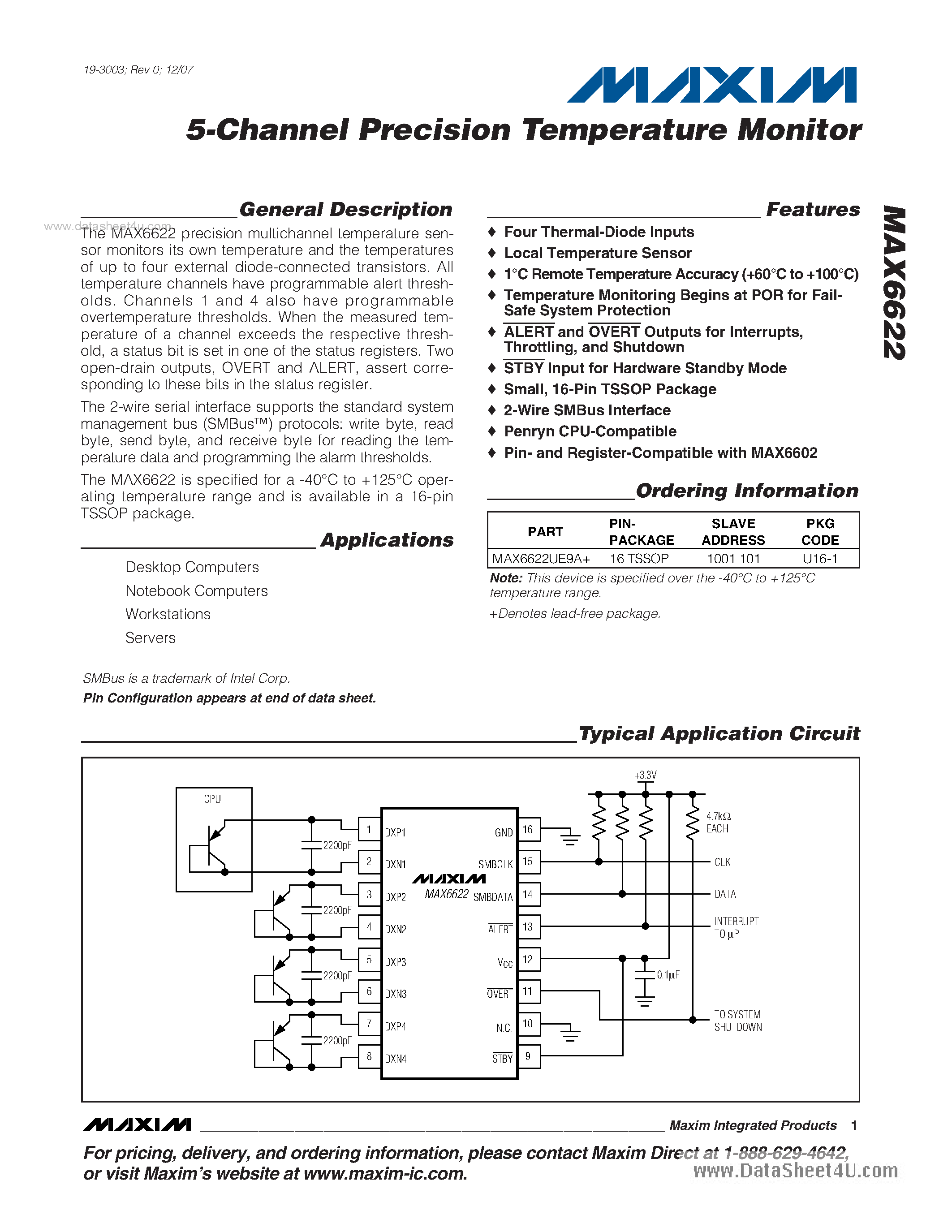 Datasheet MAX6622 - 5-Channel Precision Temperature Monitor page 1