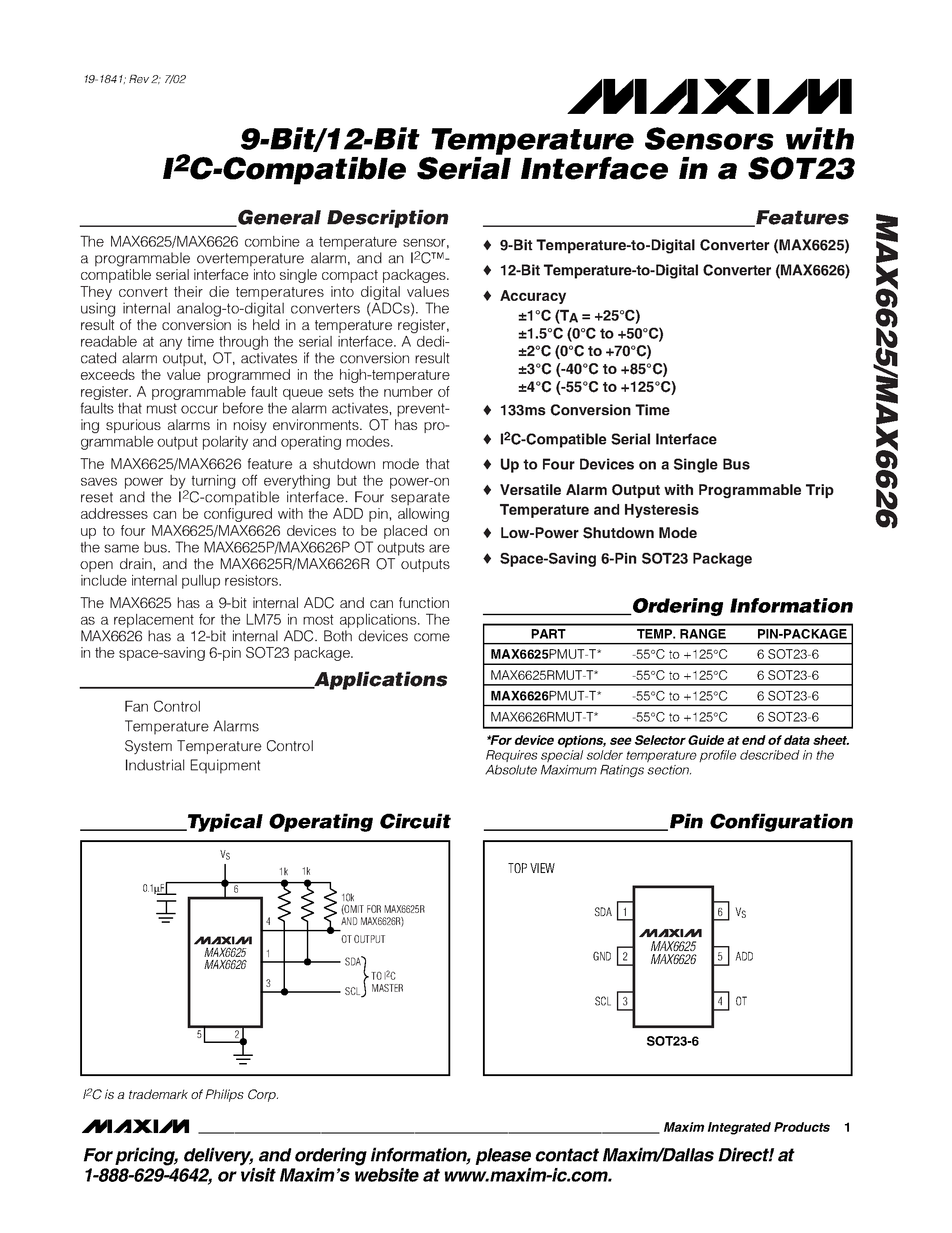 Datasheet MAX6625 - 9-Bit/12-Bit Temperature Sensors with I2C-Compatible Serial Interface in a SOT23 page 1
