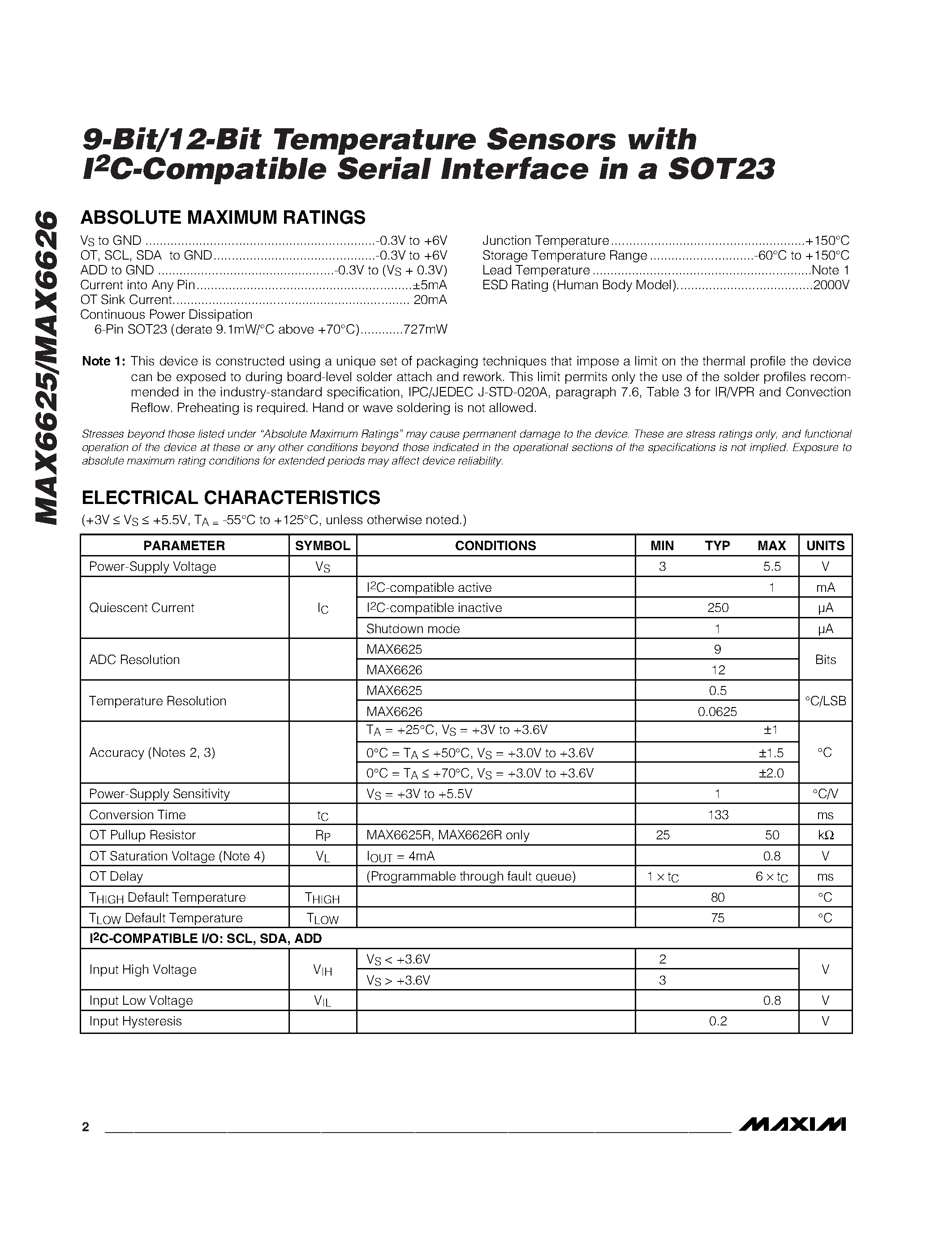 Datasheet MAX6625 - 9-Bit/12-Bit Temperature Sensors with I2C-Compatible Serial Interface in a SOT23 page 2