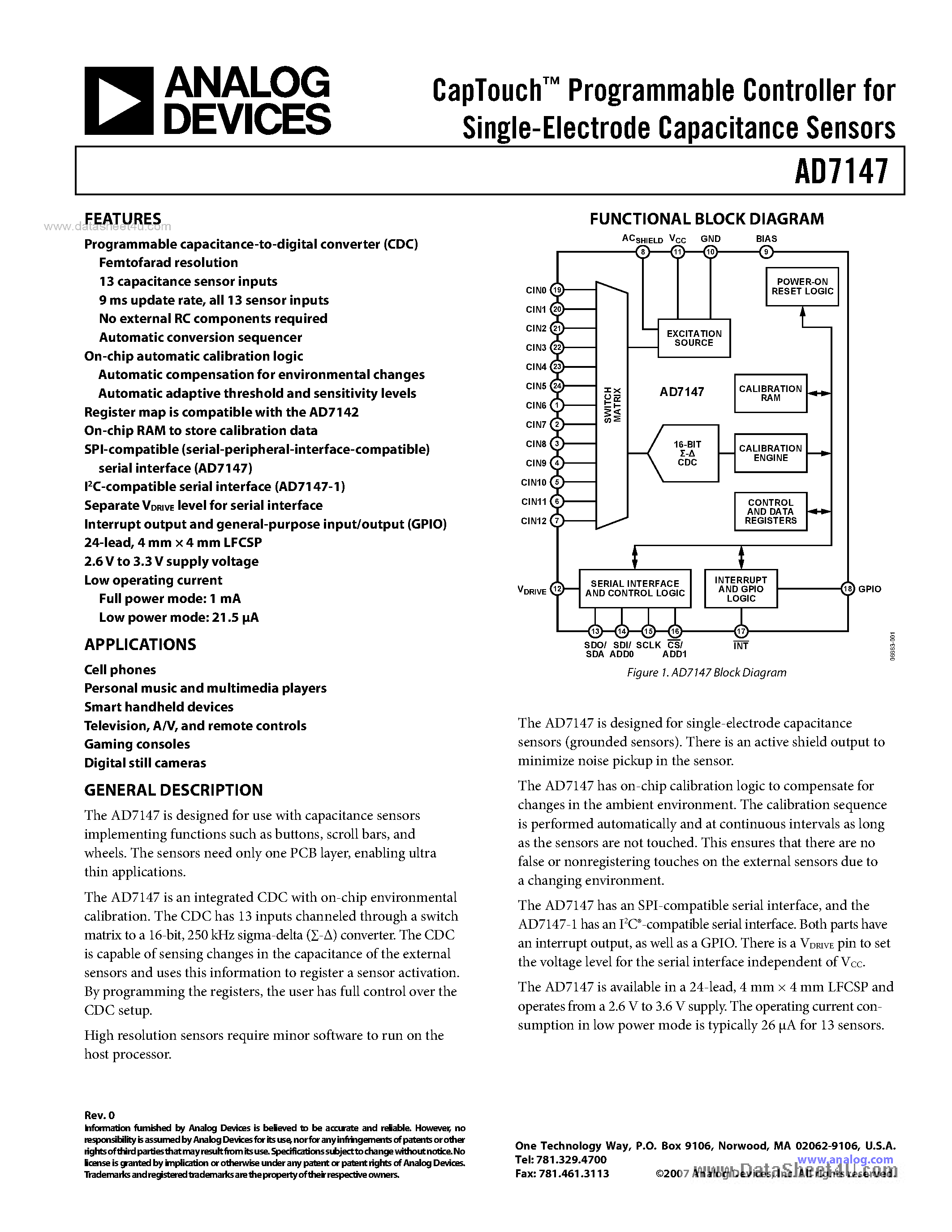Datasheet AD7147 - CapTouch Programmable Controller page 1