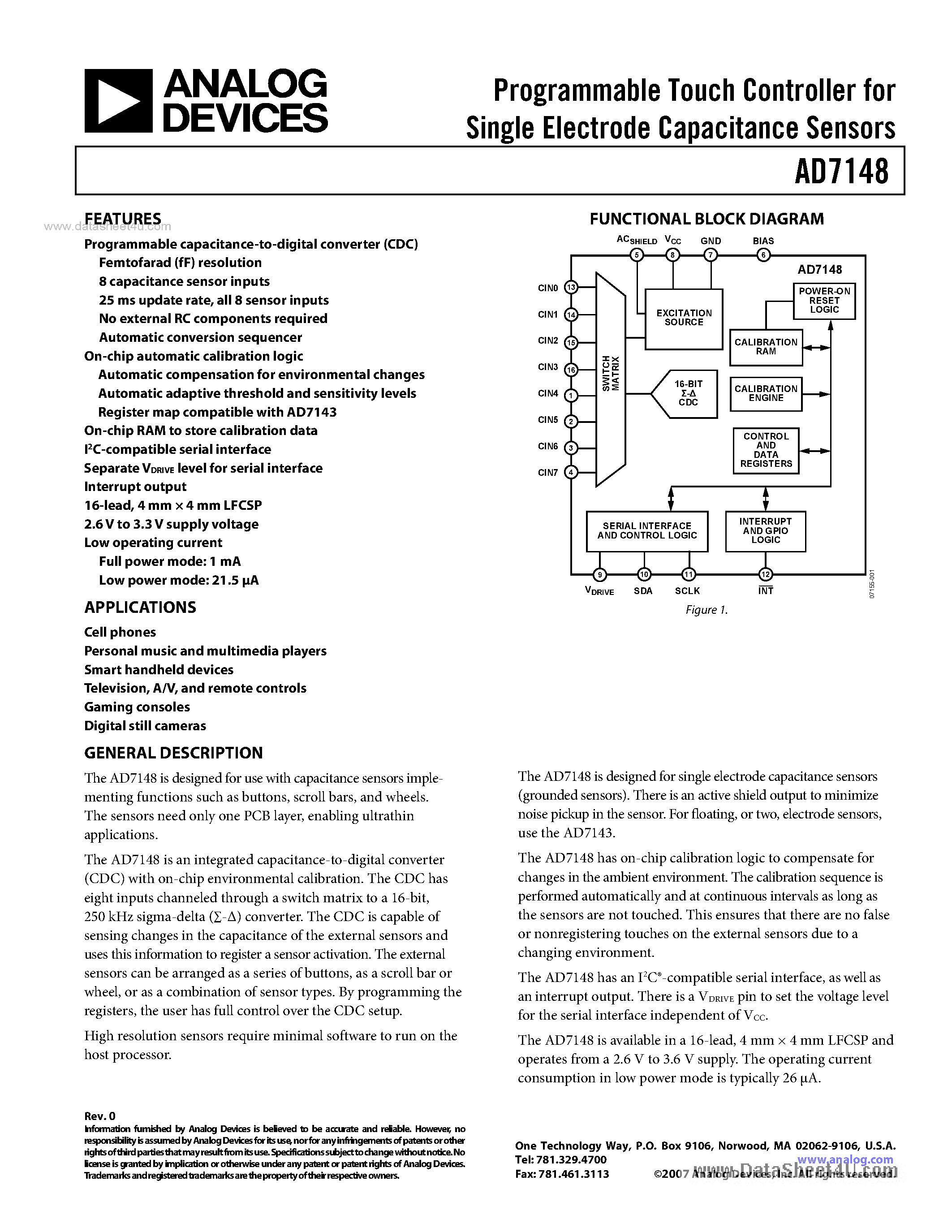 Datasheet AD7148 - Programmable Touch Controller page 1