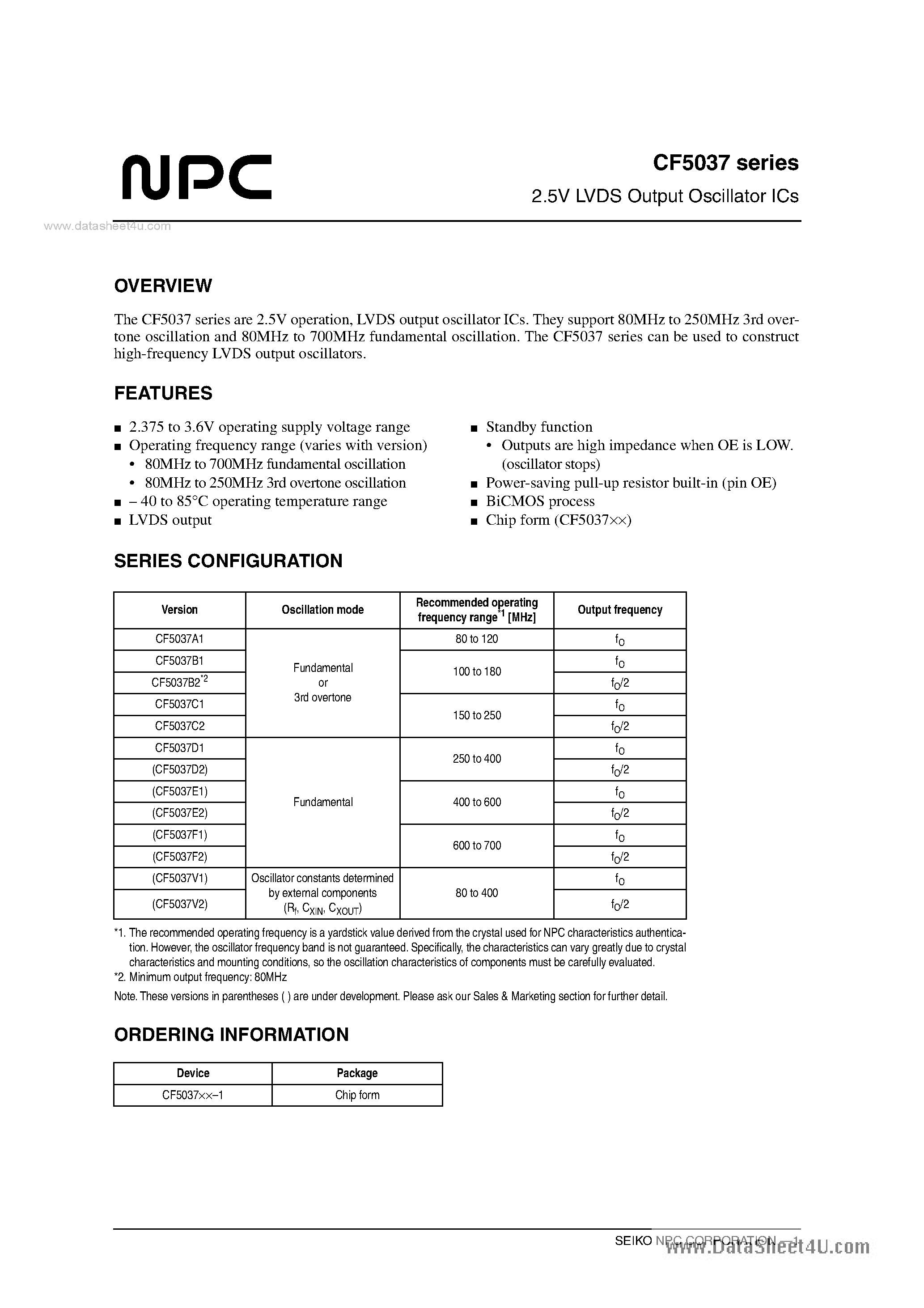 Даташит на микросхему CF5037 страница 1 Даташит CF5037 - 2.5V LVDS Output Oscillator ICs страница 1