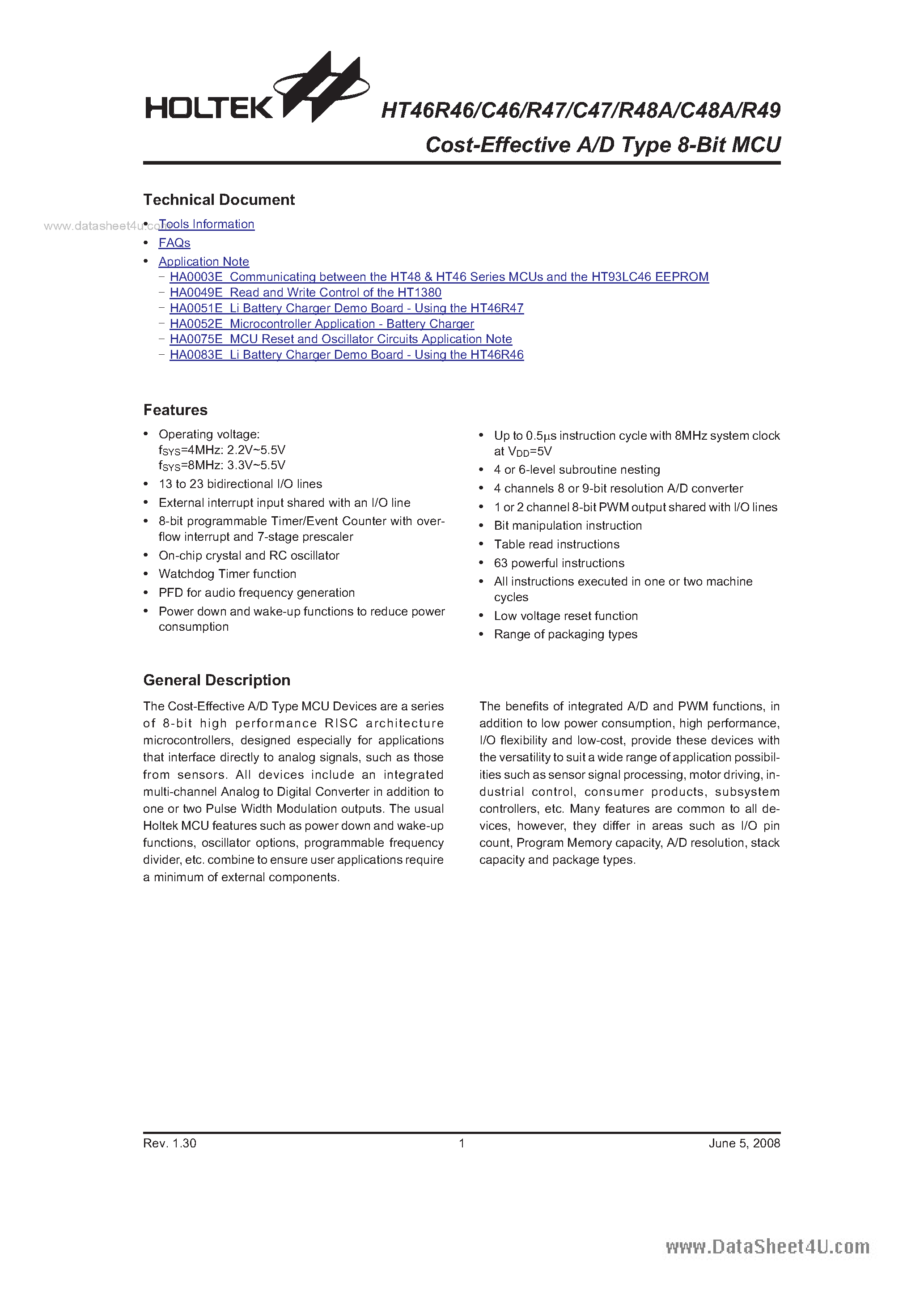 Даташит HT46C48A - Cost-Effective A/D Type 8-Bit MCU страница 1