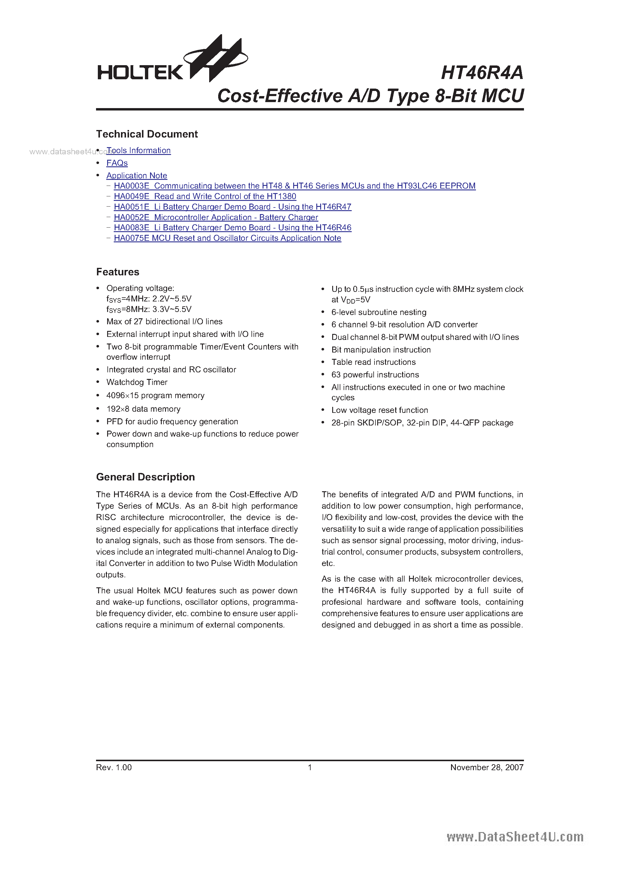 Даташит на микросхему HT46R4A страница 1 Даташит HT46R4A - Cost-Effective A/D Type 8-Bit MCU страница 1