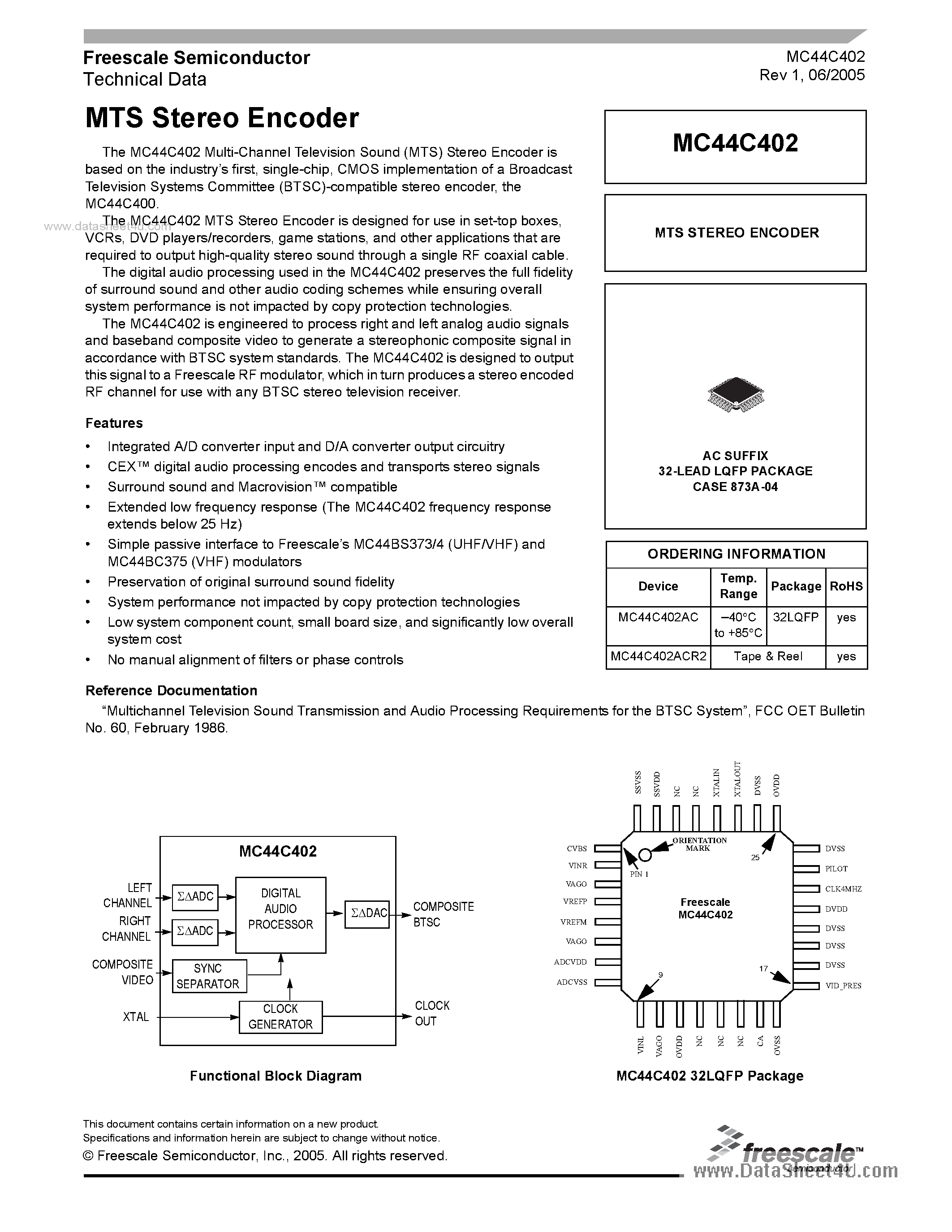 Даташит на микросхему MC44C402 страница 1 Даташит MC44C402 - MTS Stereo Encoder страница 1