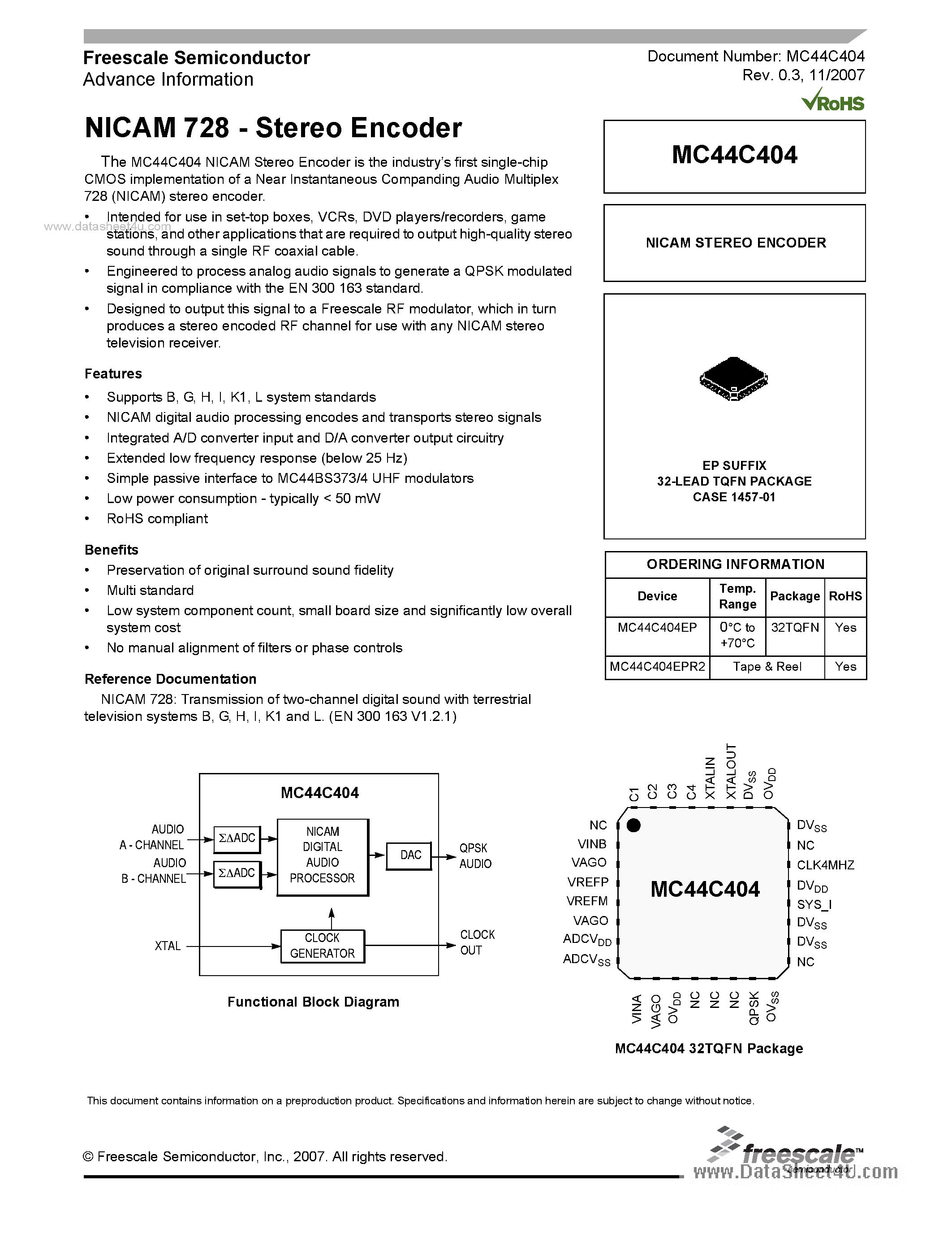 Даташит на микросхему MC44C404 страница 1 Даташит MC44C404 - Stereo Encoder страница 1