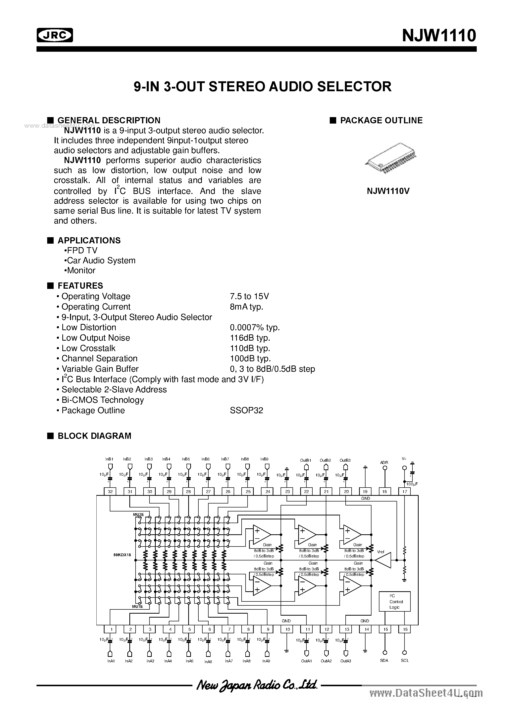 Datasheet NJW1110 - 9-IN 3-OUT STEREO AUDIO SELECTOR page 1