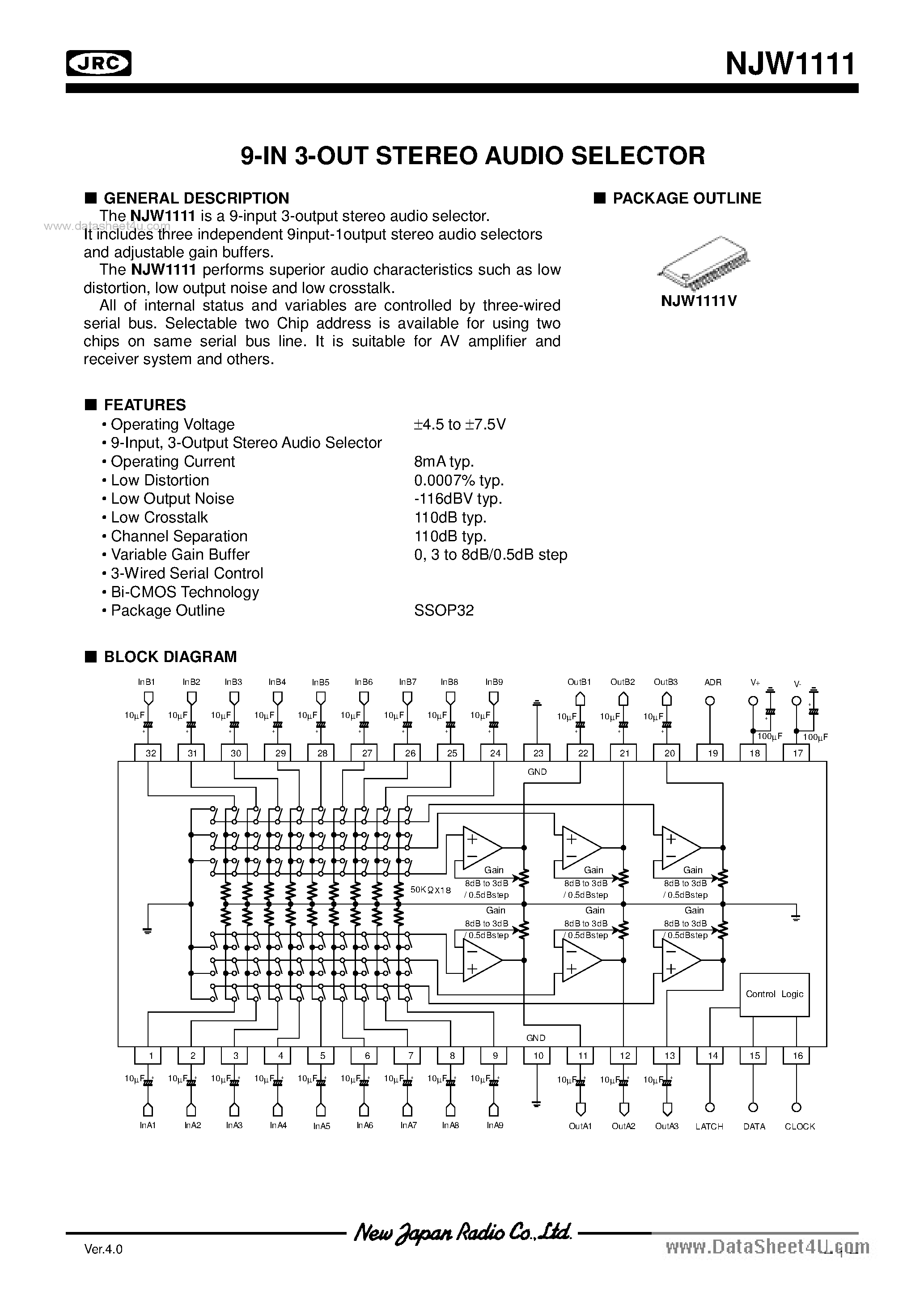 Datasheet NJW1111 - 9-IN 3-OUT STEREO AUDIO SELECTOR page 1