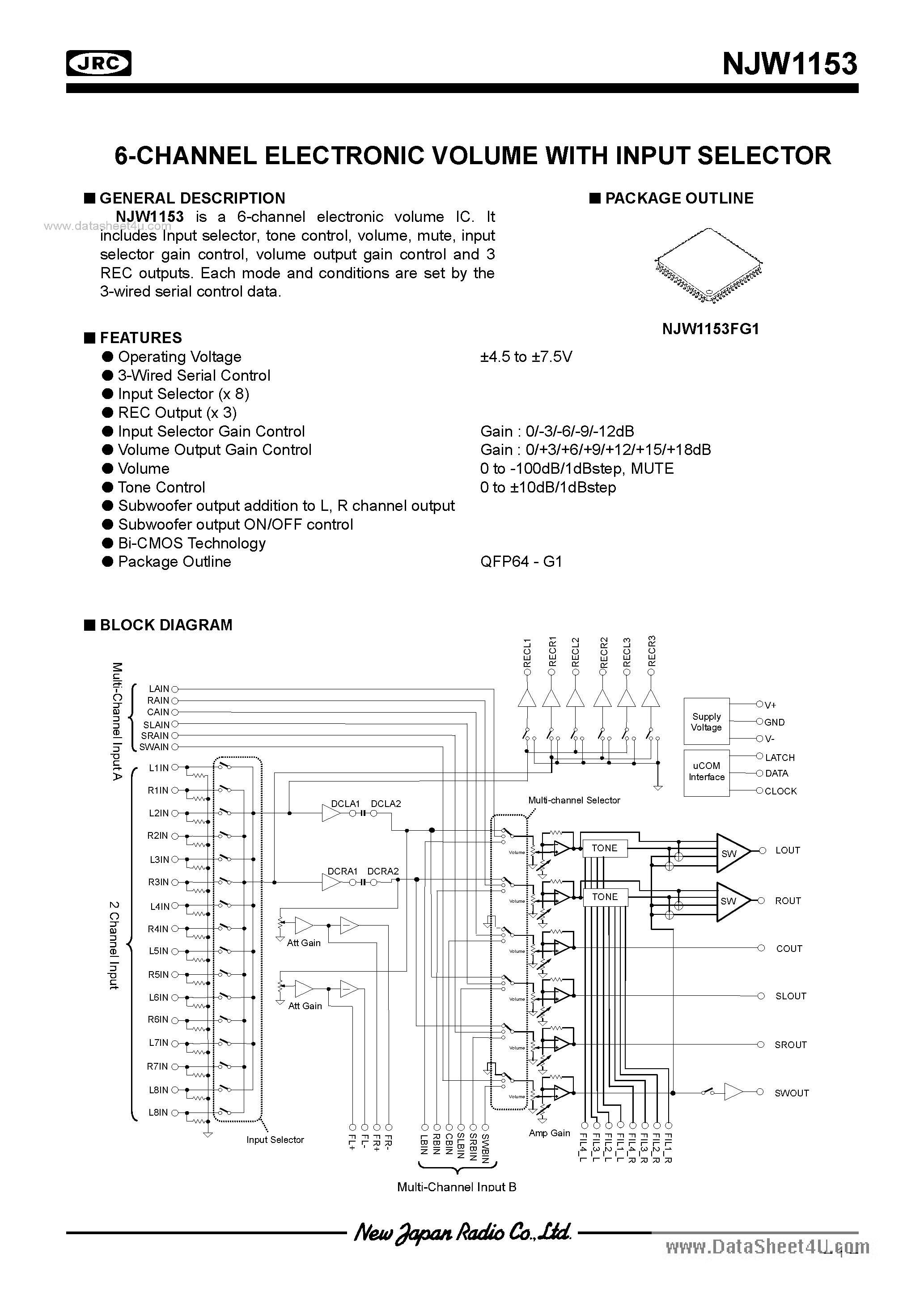 Datasheet NJW1153 - 6-CHANNEL ELECTRONIC VOLUME page 1