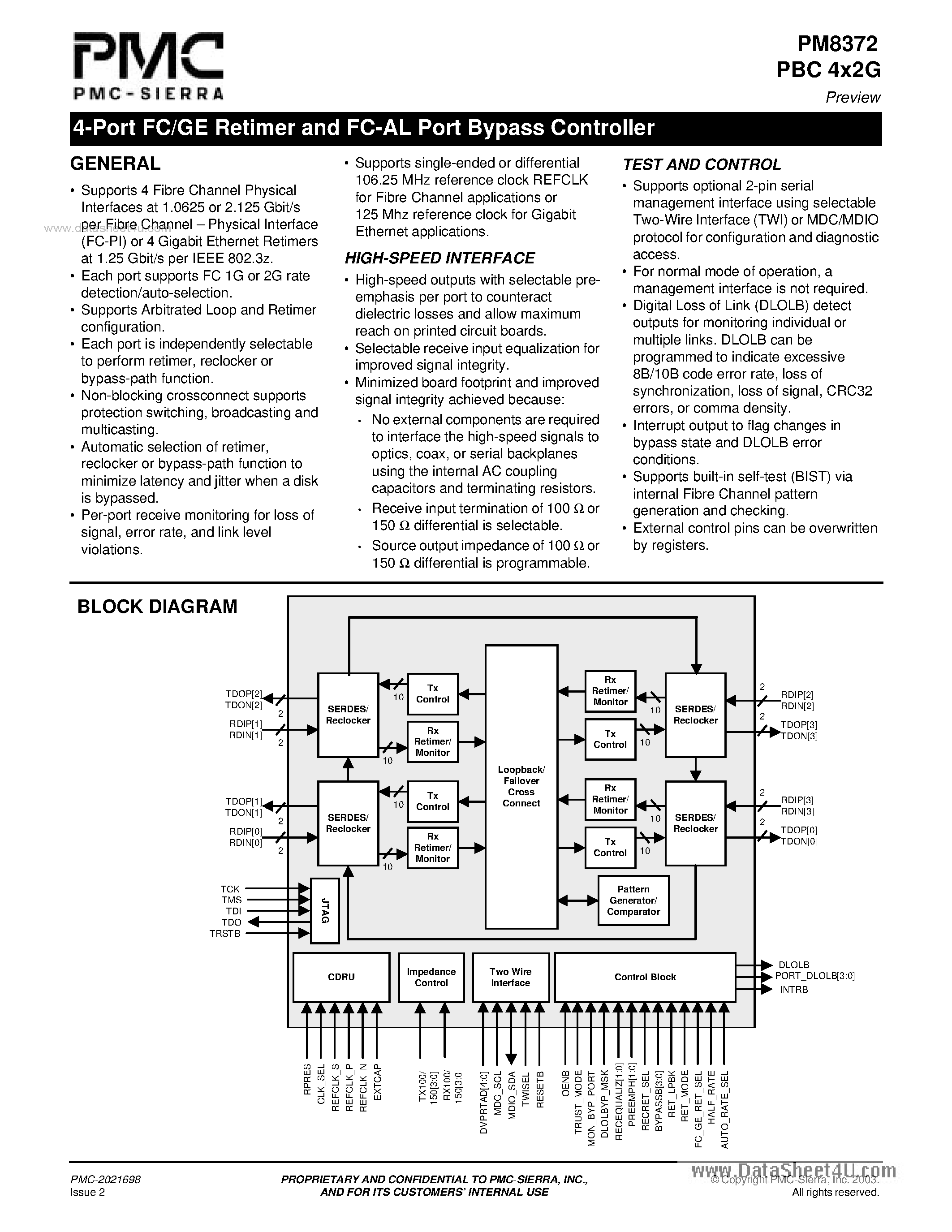 Datasheet PM8372 - 4-Port FC/GE Retimer and FC-AL Port Bypass Controller page 1