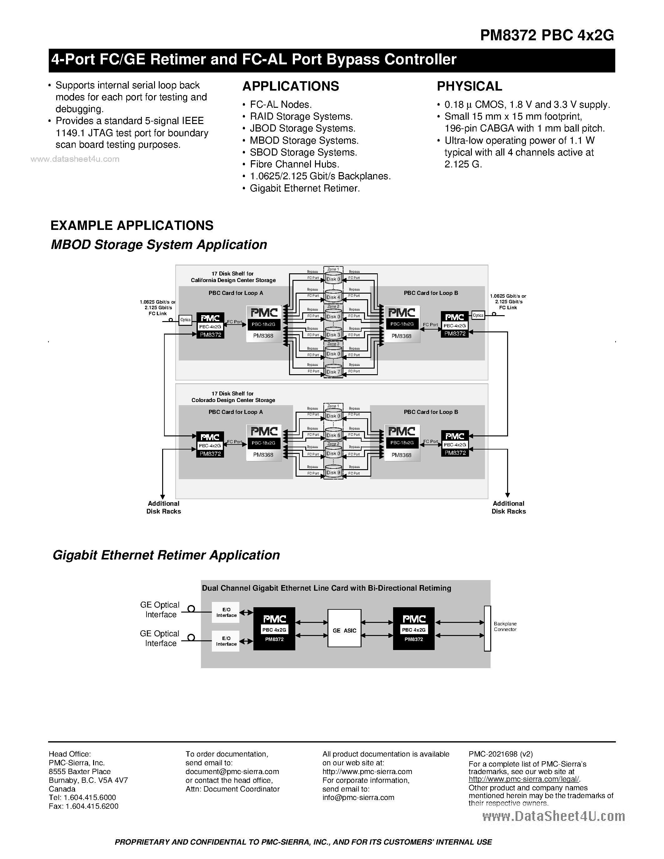 Datasheet PM8372 - 4-Port FC/GE Retimer and FC-AL Port Bypass Controller page 2