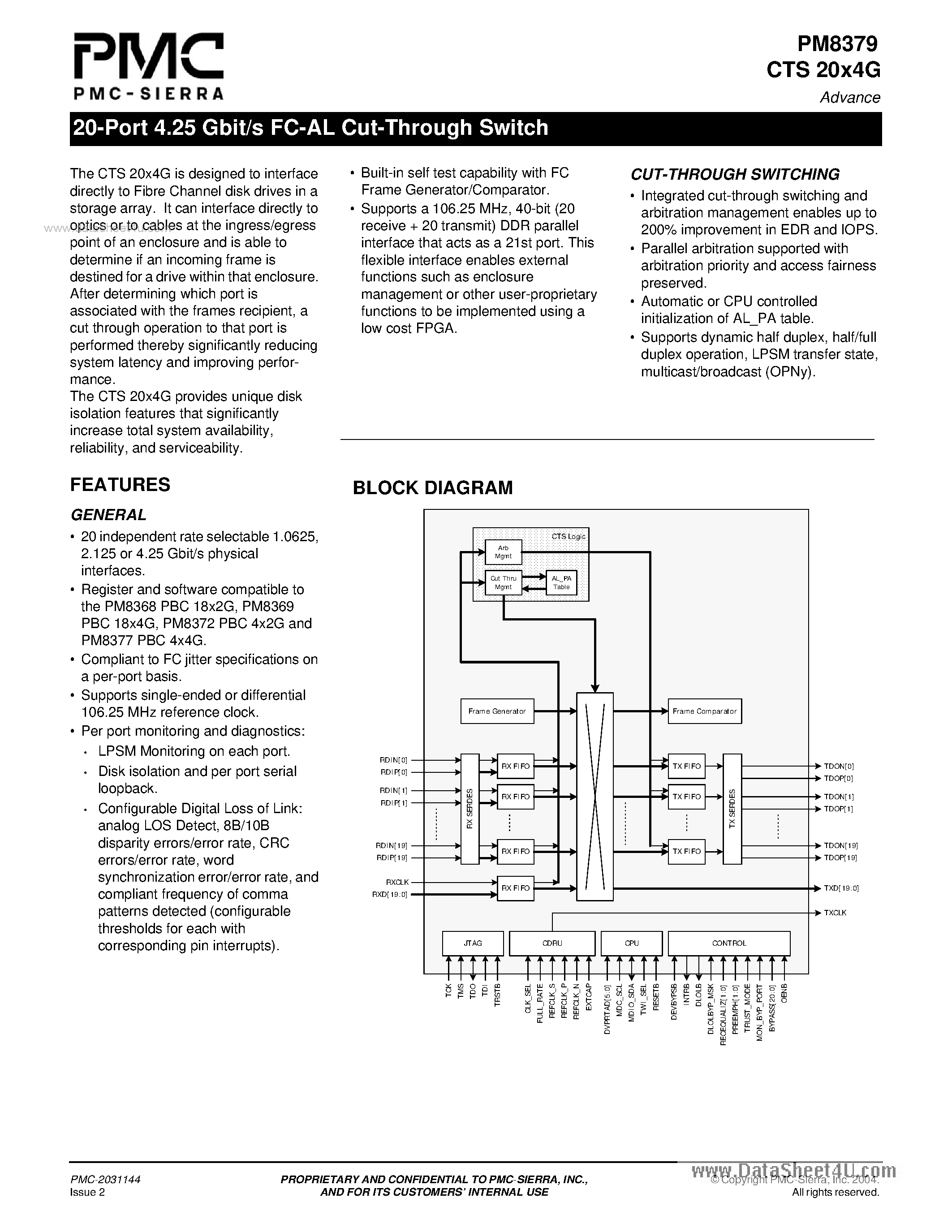 Datasheet PM8379 page 1 Datasheet PM8379 - 20-Port 4.25 Gbit/s FC-AL Cut-Through Switch page 1