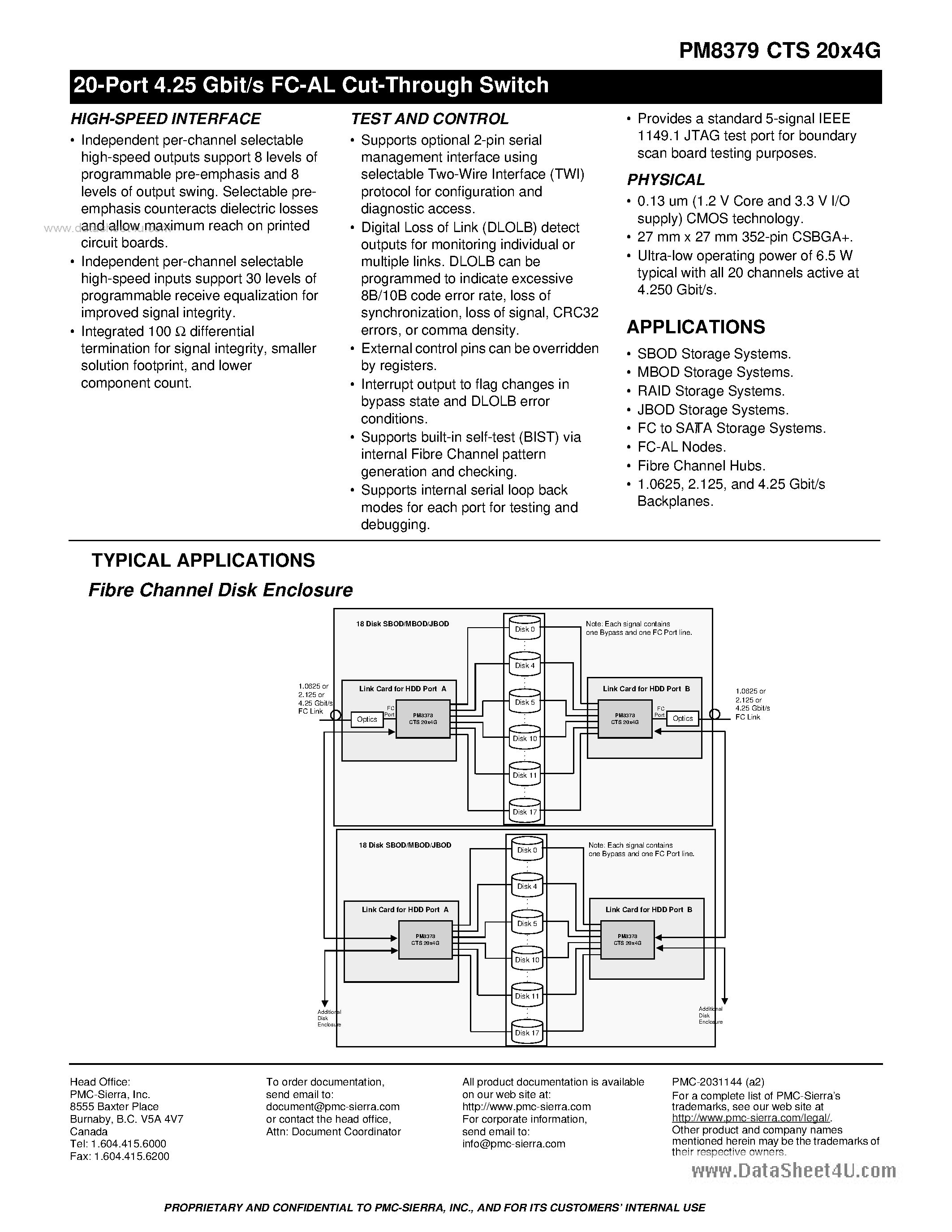 Datasheet PM8379 page 2 Datasheet PM8379 - 20-Port 4.25 Gbit/s FC-AL Cut-Through Switch page 2