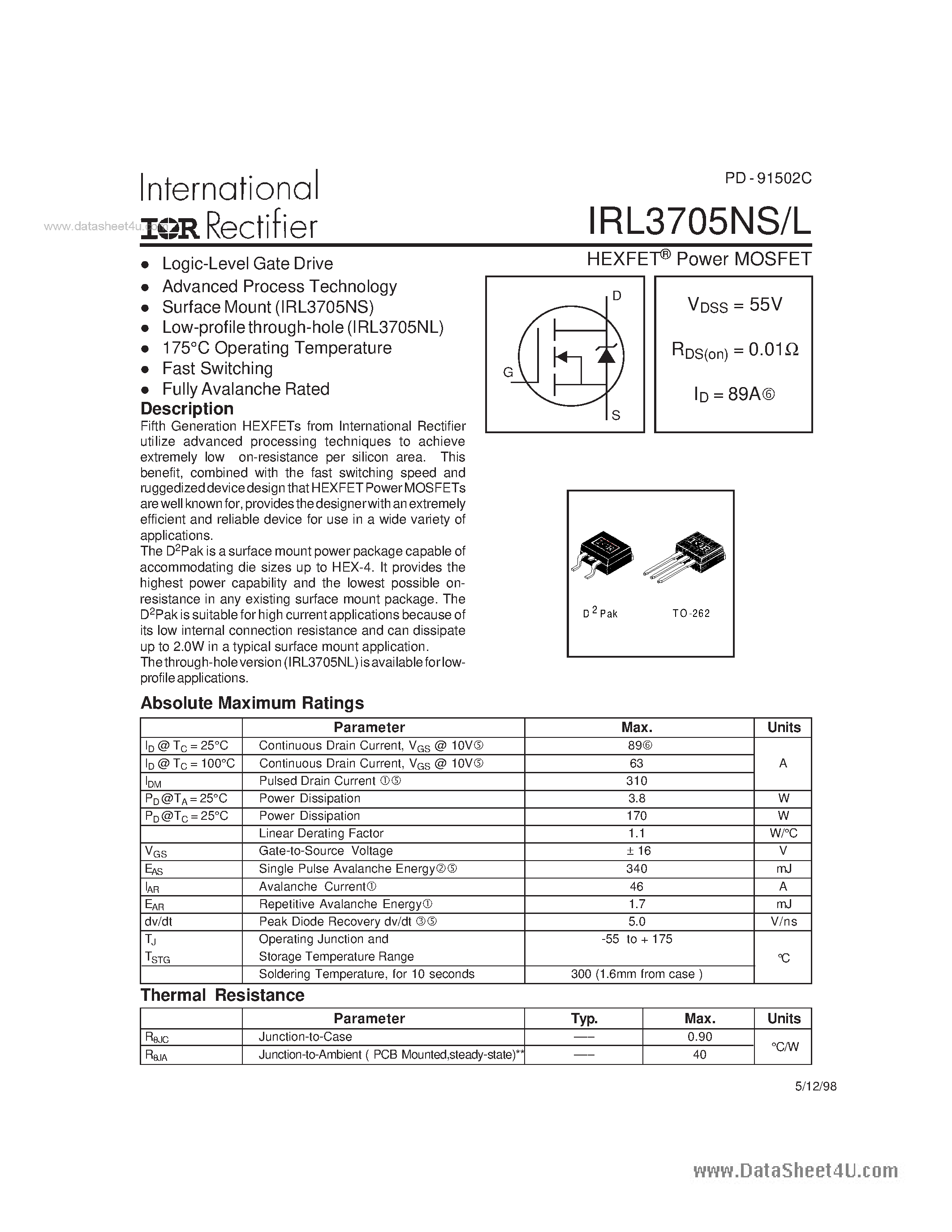 Datasheet IRL3705NL - HEXFET Power MOSFET page 1