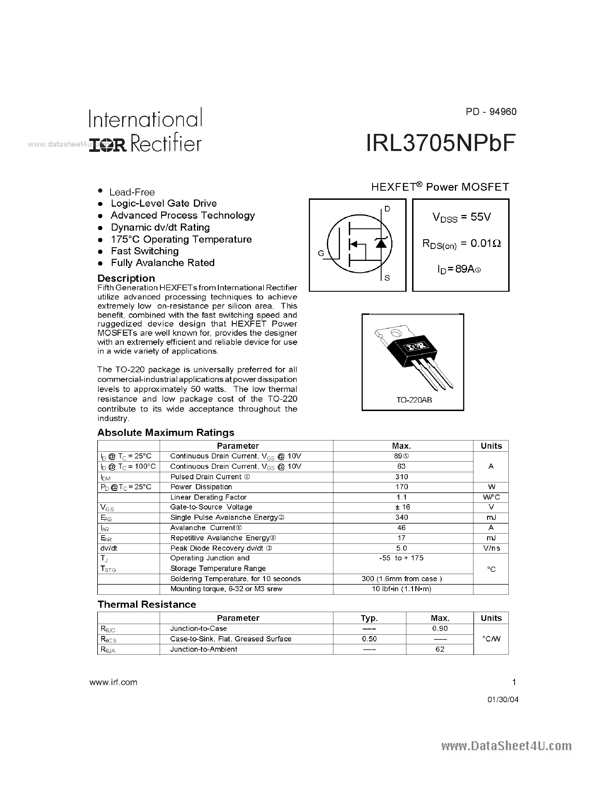 Datasheet IRL3705NPBF page 1 Datasheet IRL3705NPBF - Power MOSFET page 1