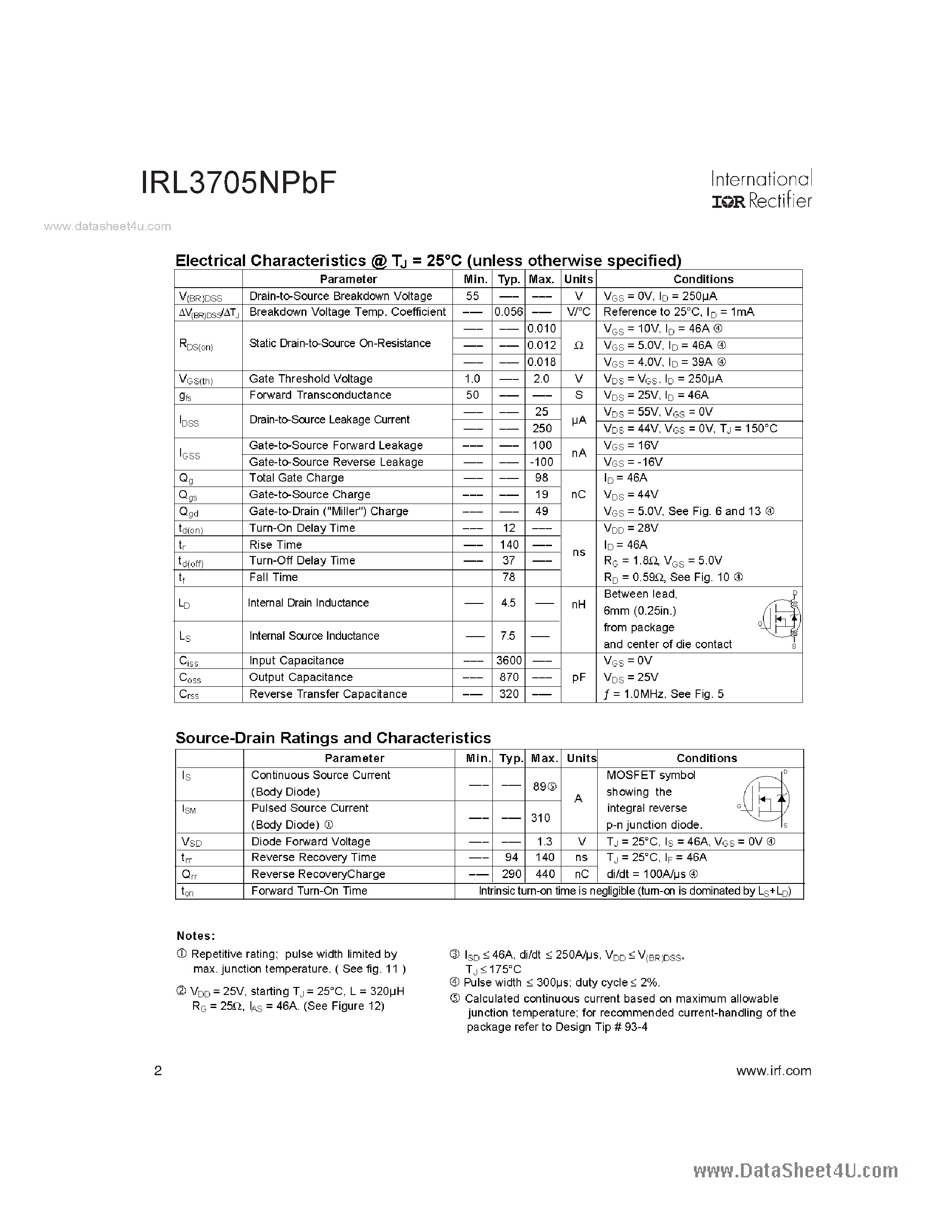 Datasheet IRL3705NPBF page 2 Datasheet IRL3705NPBF - Power MOSFET page 2