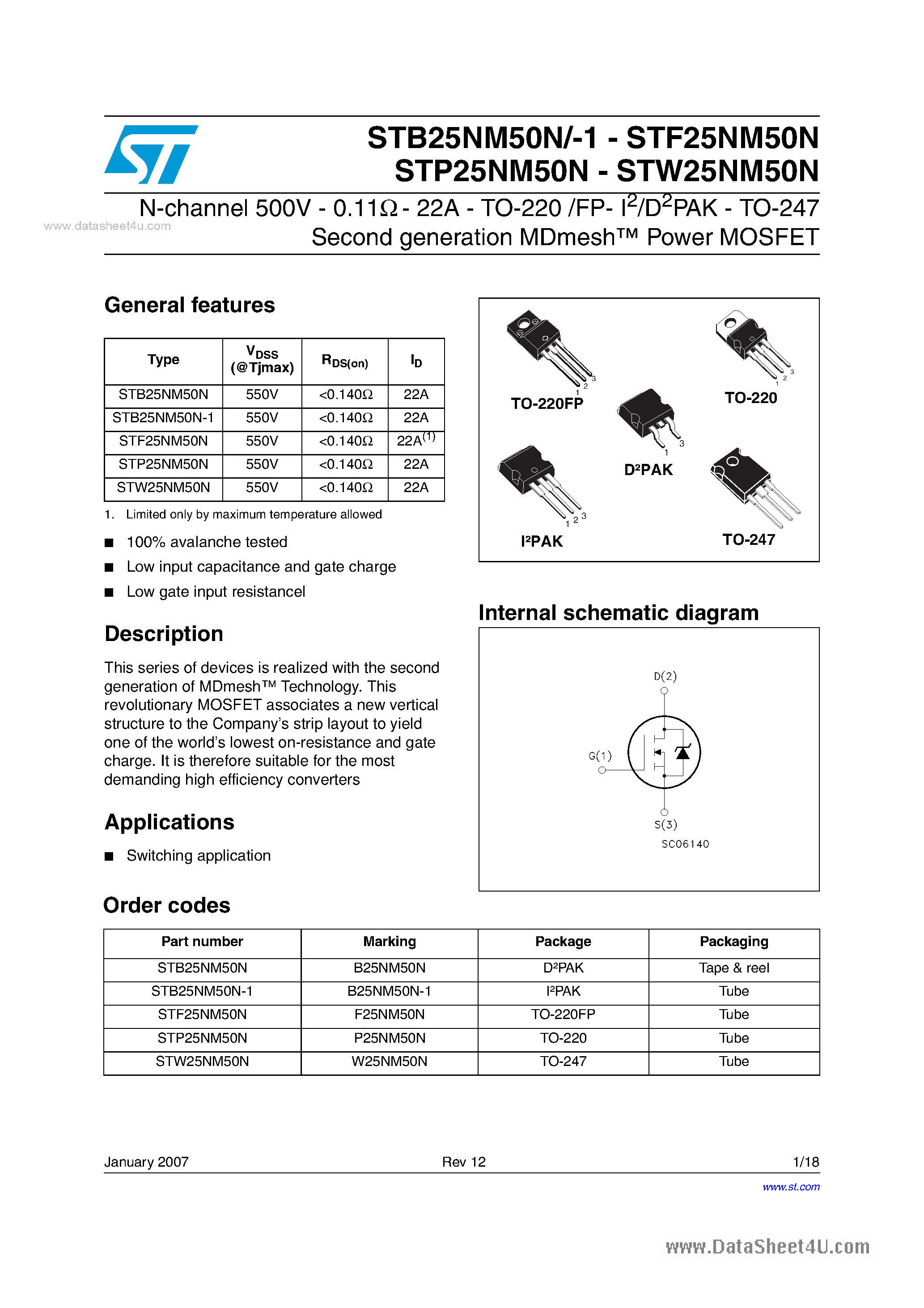 Datasheet STP25NM50N - N-channel Power MOSFET page 1