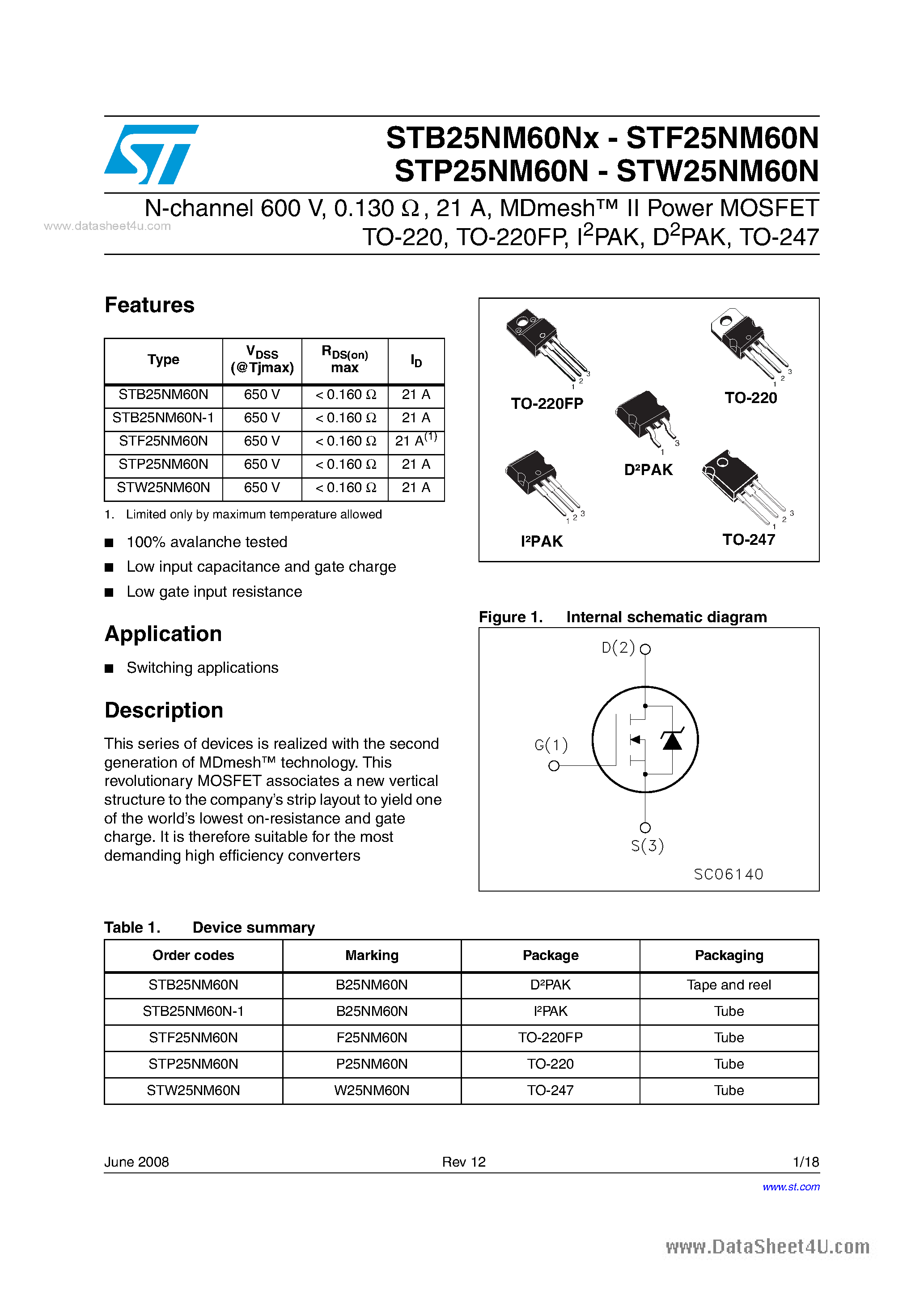 Datasheet STP25NM60N - N-channel Power MOSFET page 1