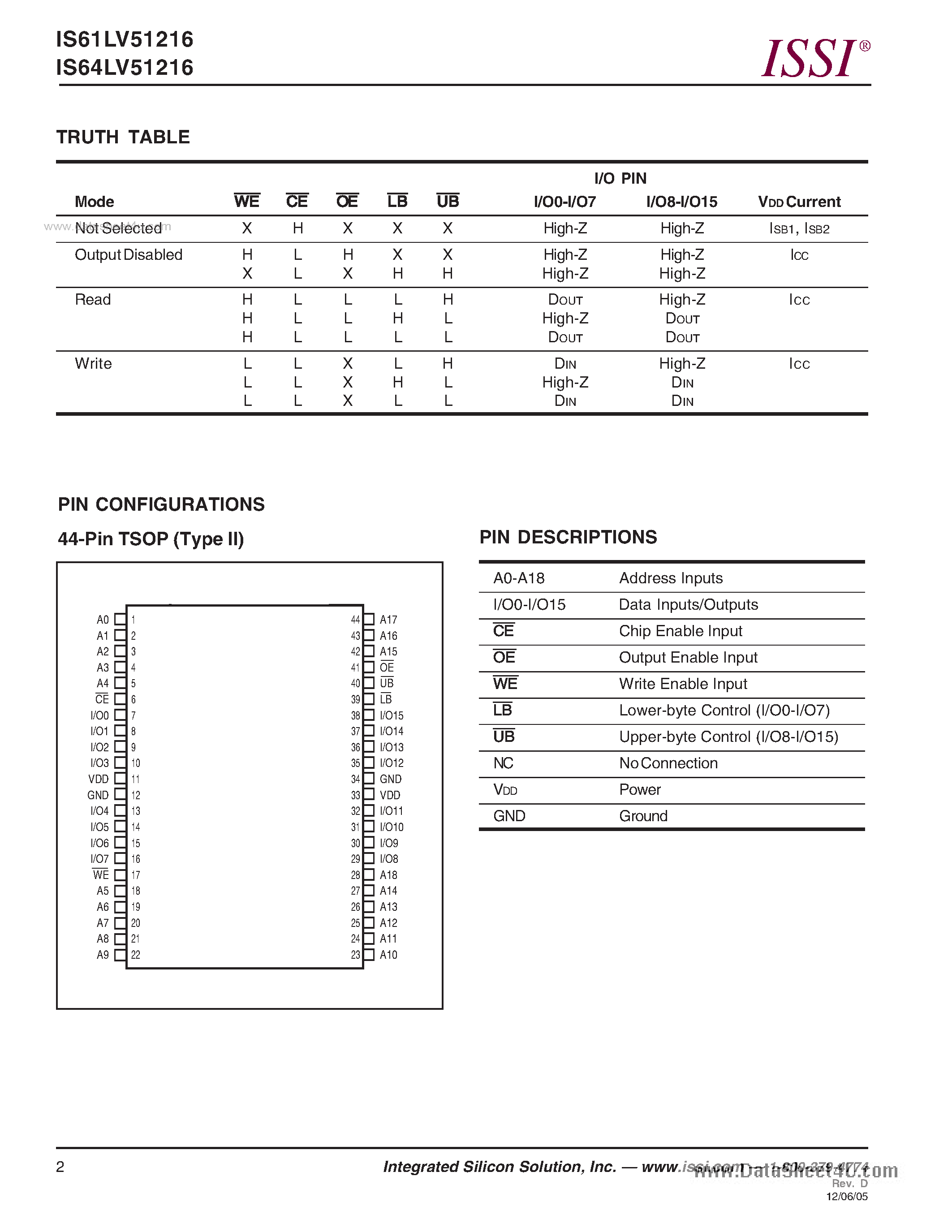 Даташит IS61LV51216 - (IS61LV51216 / IS64LV51216) 512K x 16 HIGH SPEED ASYNCHRONOUS CMOS STATIC RAM страница 2