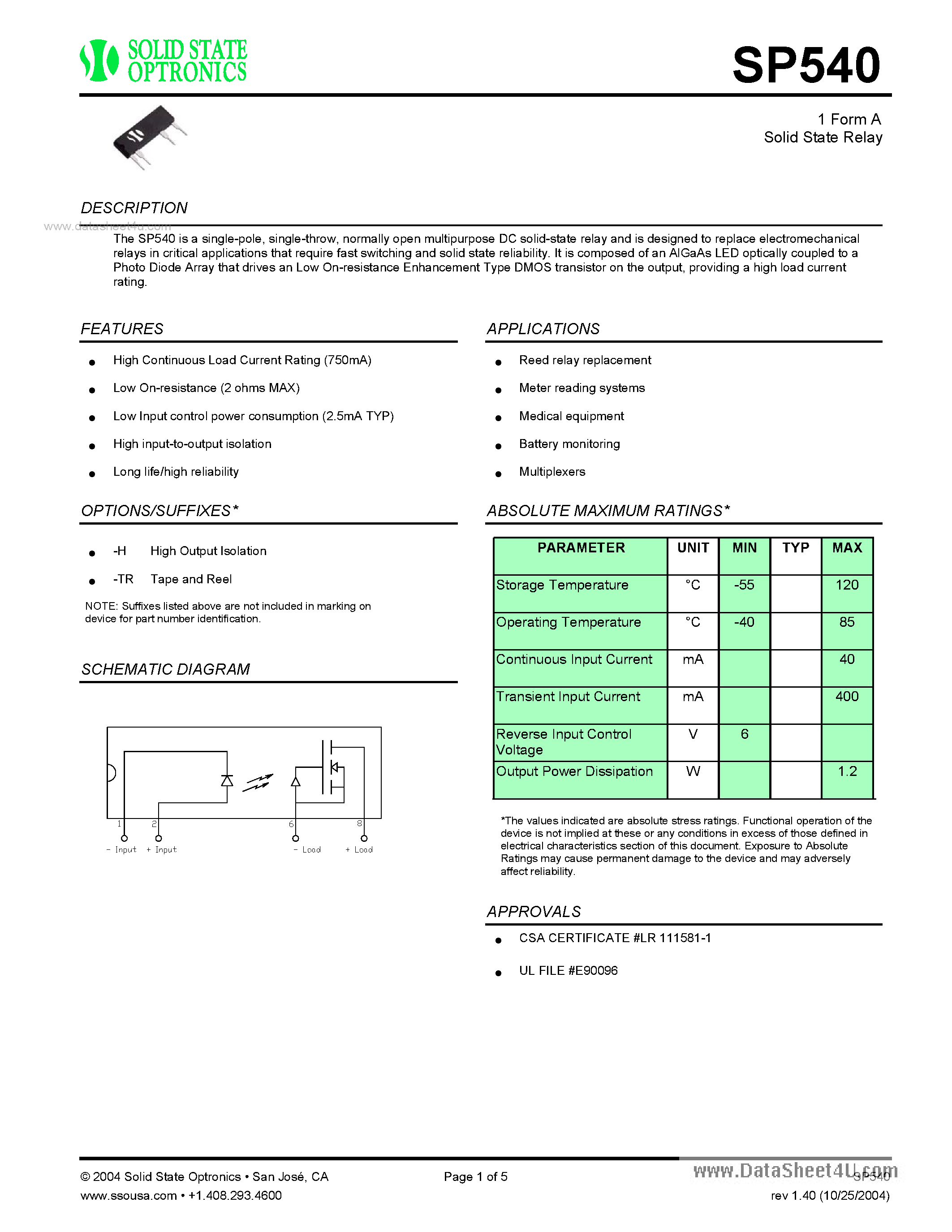 Datasheet SP540 - 1 Form A Solid State Relay page 1