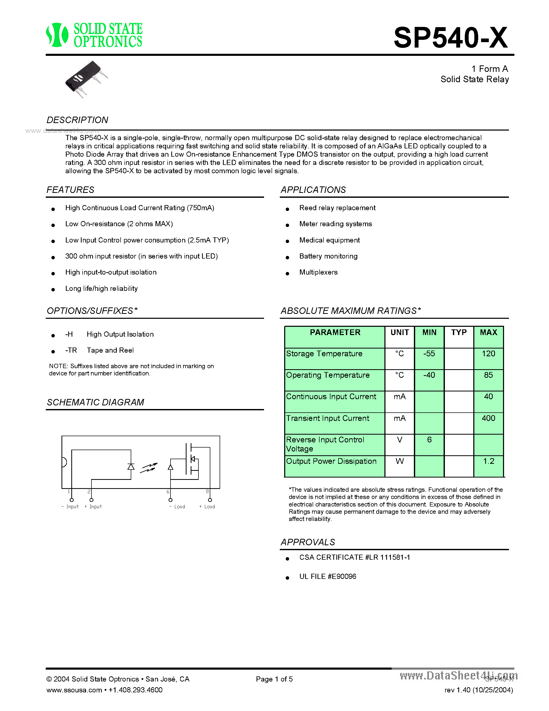 Datasheet SP540-X page 1 Datasheet SP540-X - 1 Form A Solid State Relay page 1