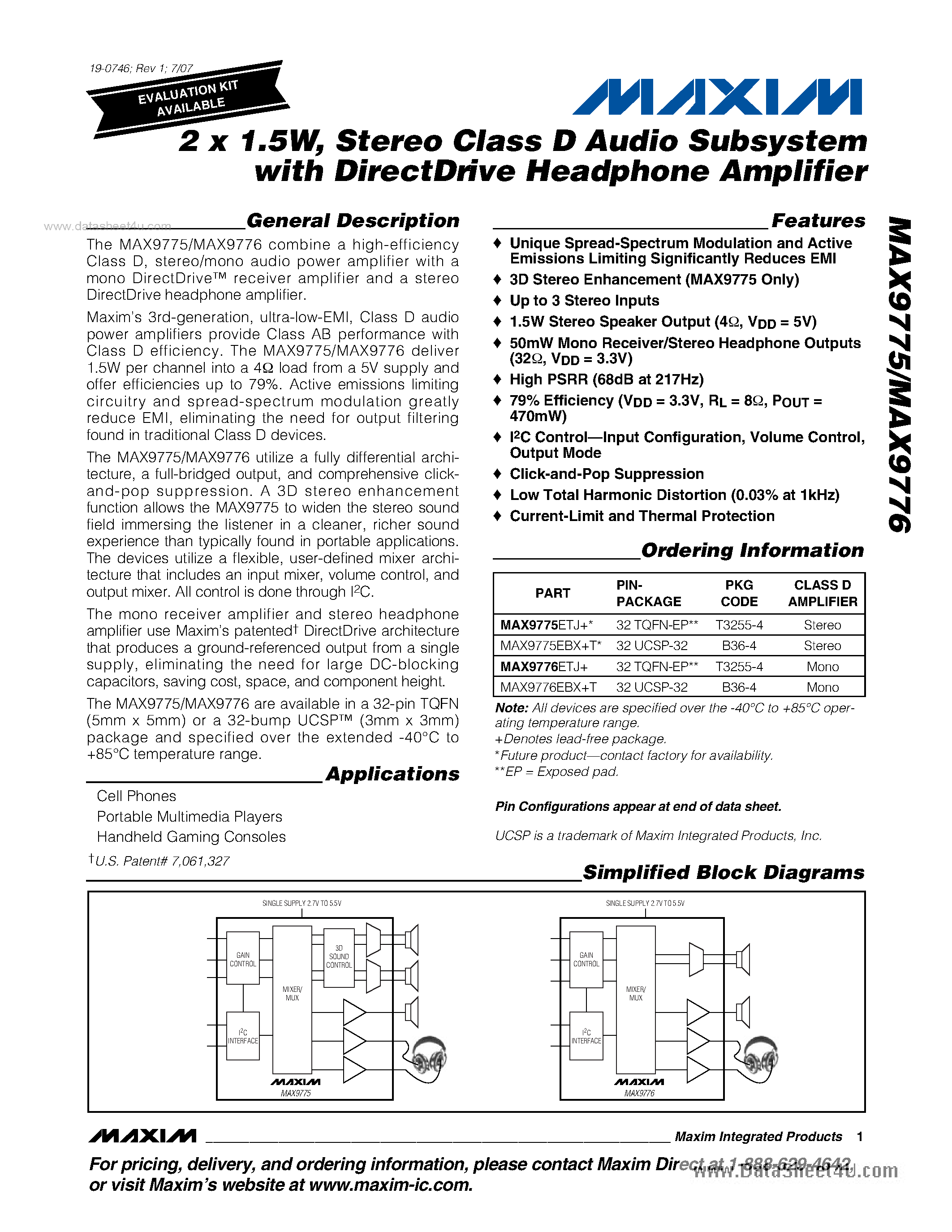 Даташит на микросхему MAX9775 страница 1 Даташит MAX9775 - (MAX9775 / MAX9776) Stereo Class D Audio Subsystem страница 1