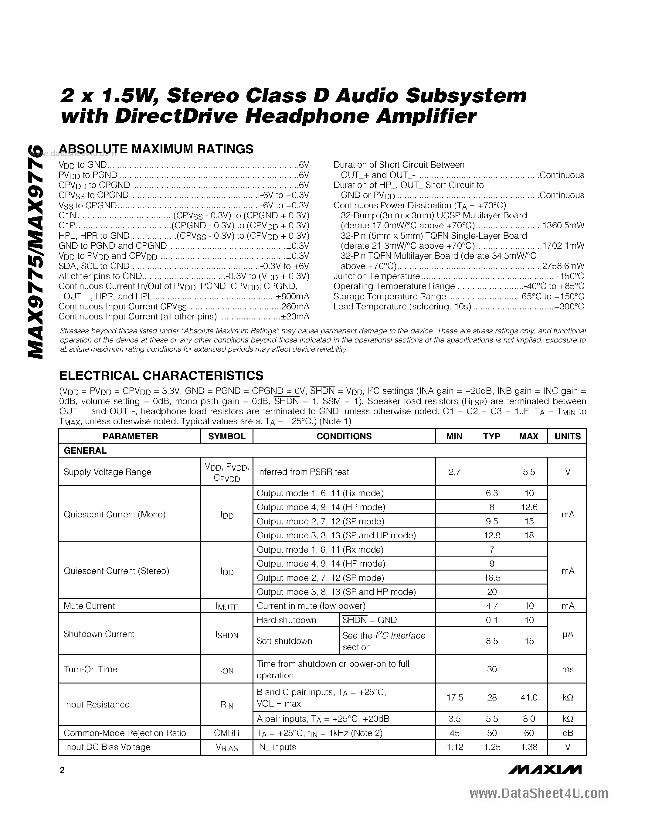 Даташит на микросхему MAX9775 страница 2 Даташит MAX9775 - (MAX9775 / MAX9776) Stereo Class D Audio Subsystem страница 2