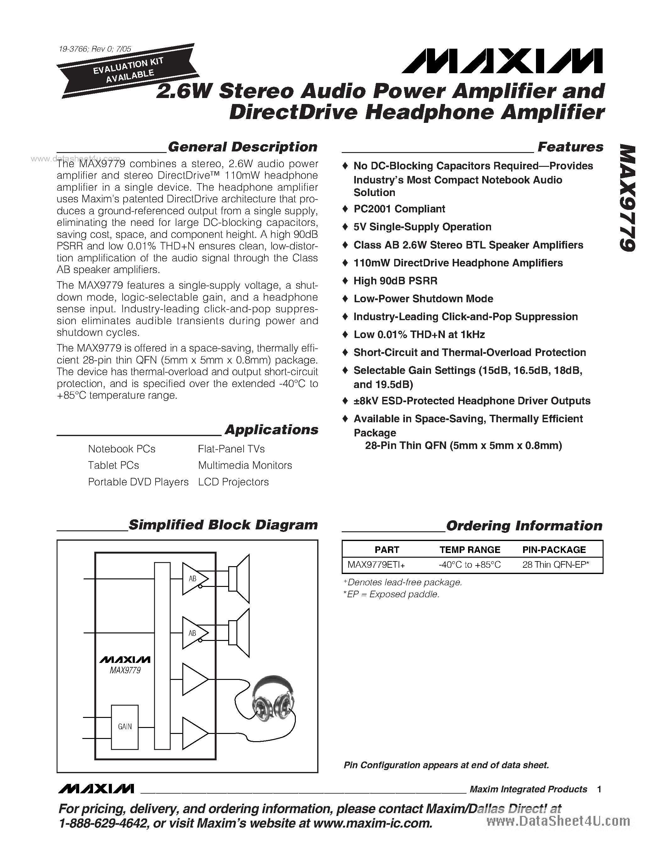 Даташит MAX9779 - 2.6W Stereo Audio Power Amplifier and DirectDrive Headphone Amplifier страница 1