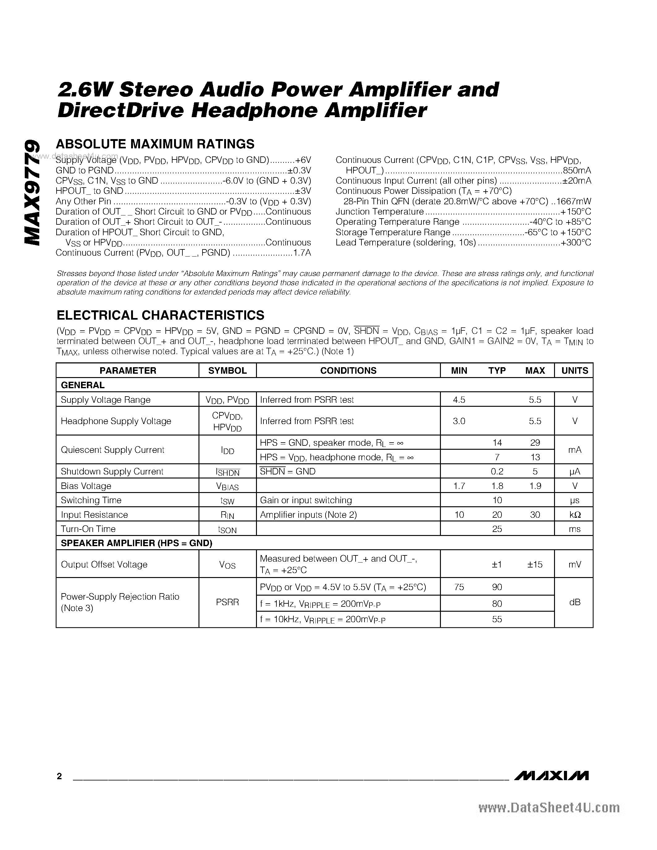 Даташит MAX9779 - 2.6W Stereo Audio Power Amplifier and DirectDrive Headphone Amplifier страница 2