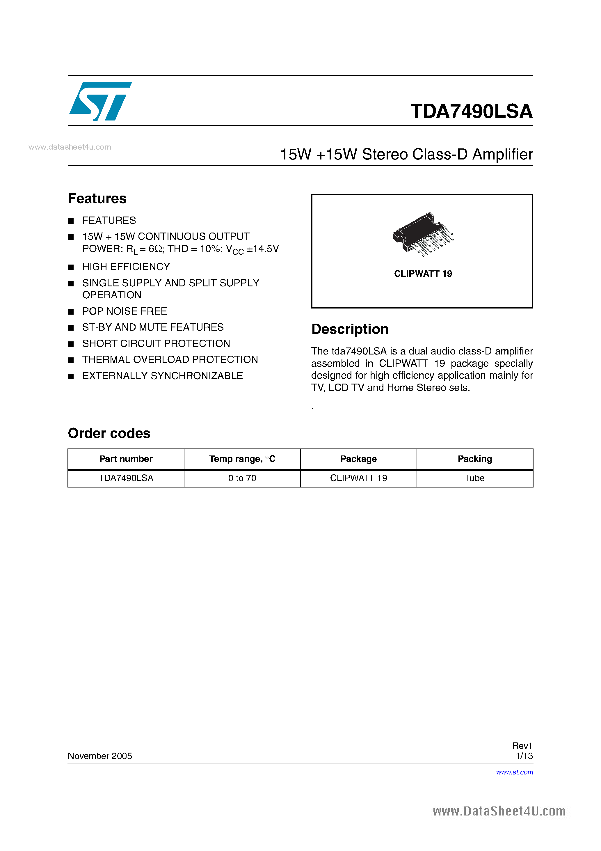Datasheet TDA7490LSA - Stereo Class-D Amplifier page 1