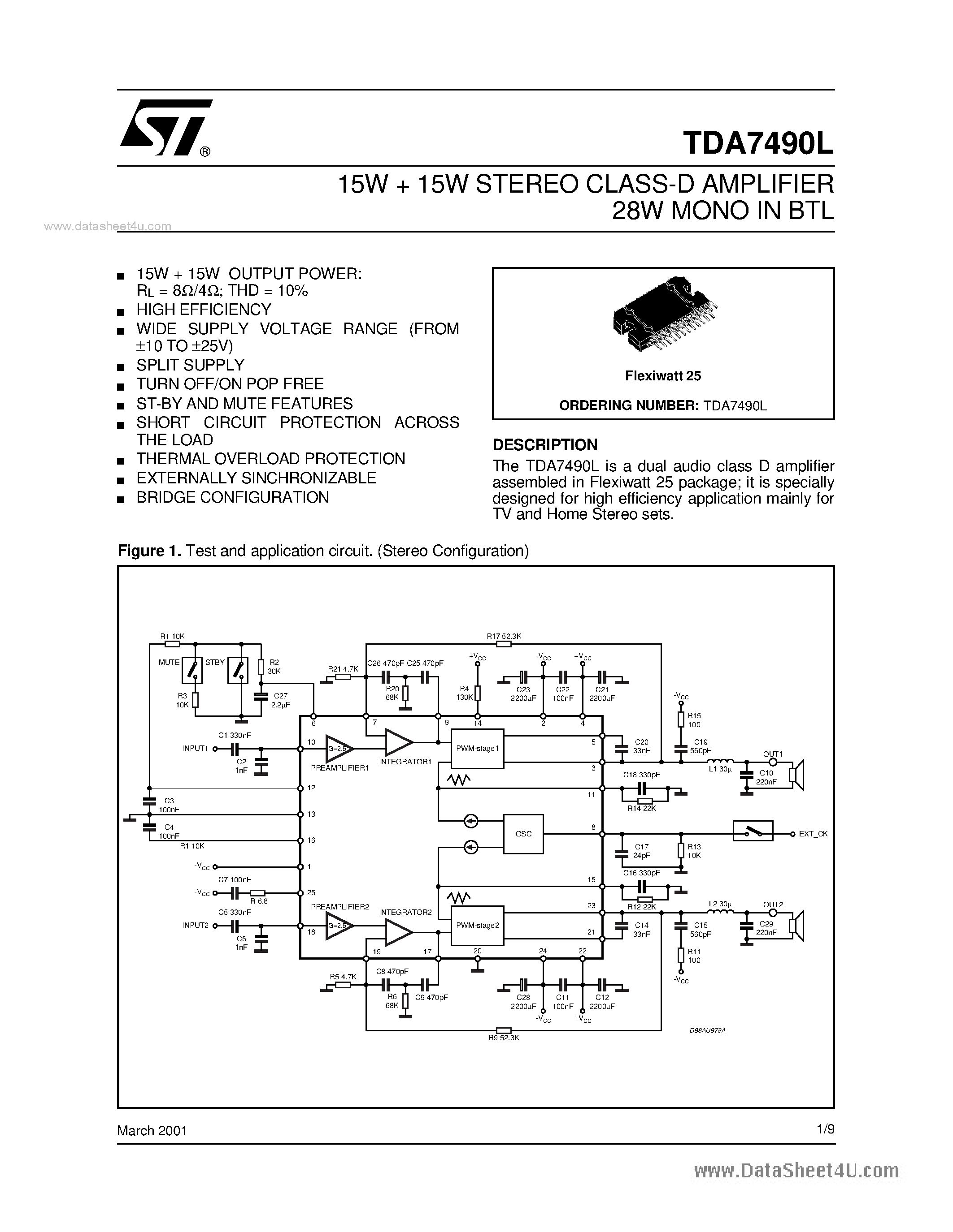 Datasheet TDA7490L - STEREO CLASS-D AMPLIFIER 28W MONO page 1