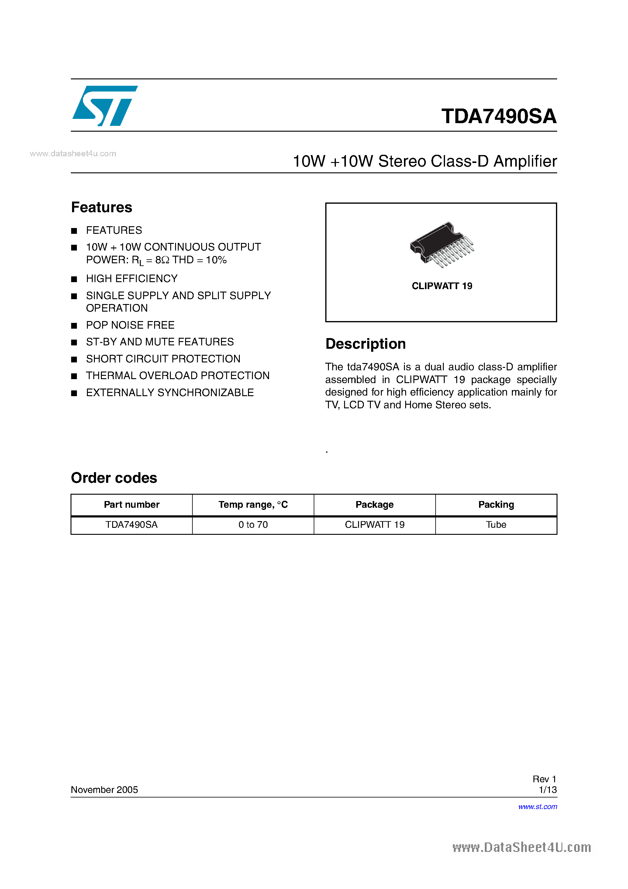 Datasheet TDA7490SA - Stereo Class-D Amplifier page 1