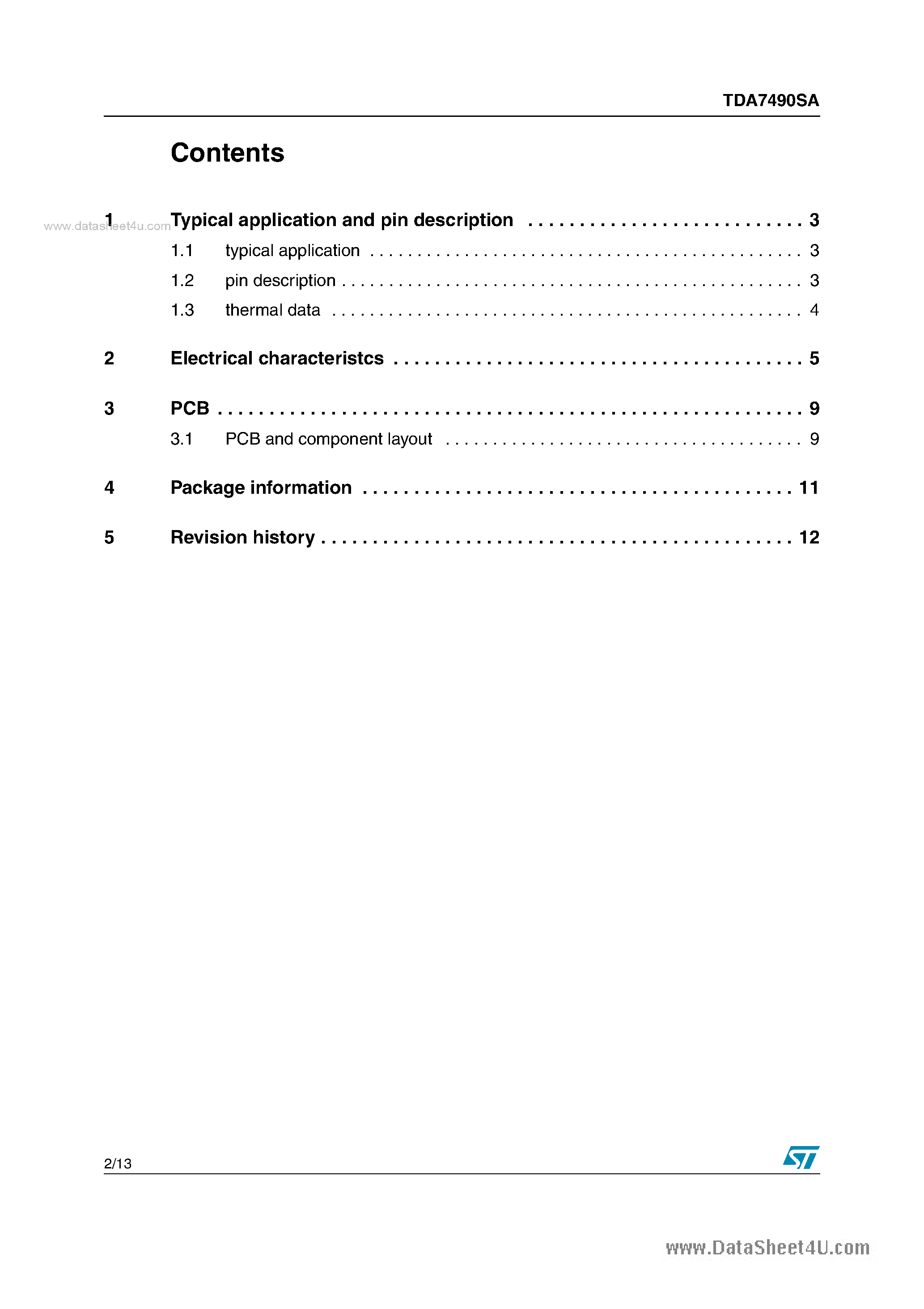 Datasheet TDA7490SA - Stereo Class-D Amplifier page 2