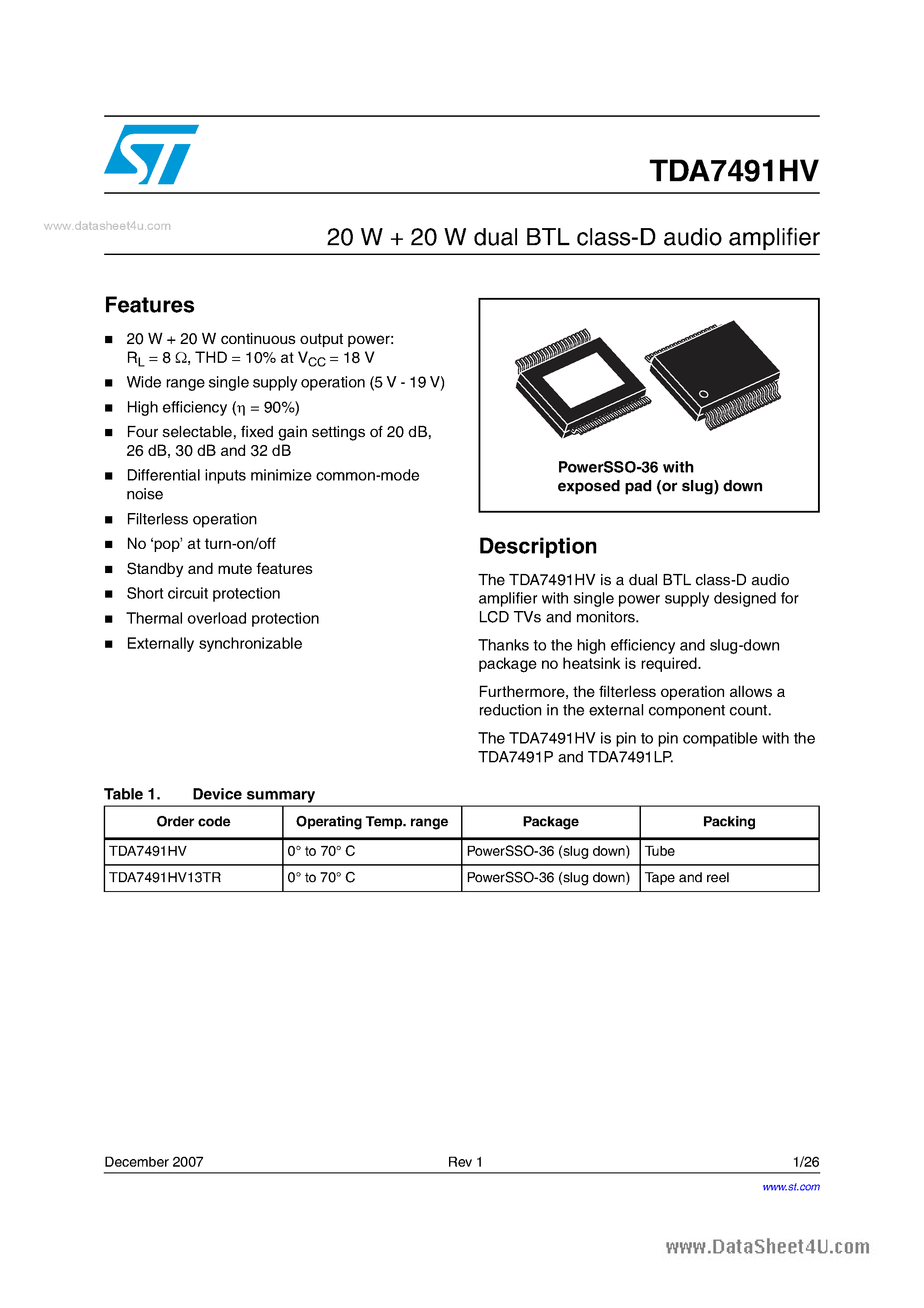 Datasheet TDA7491HV - dual BTL class-D audio amplifier page 1