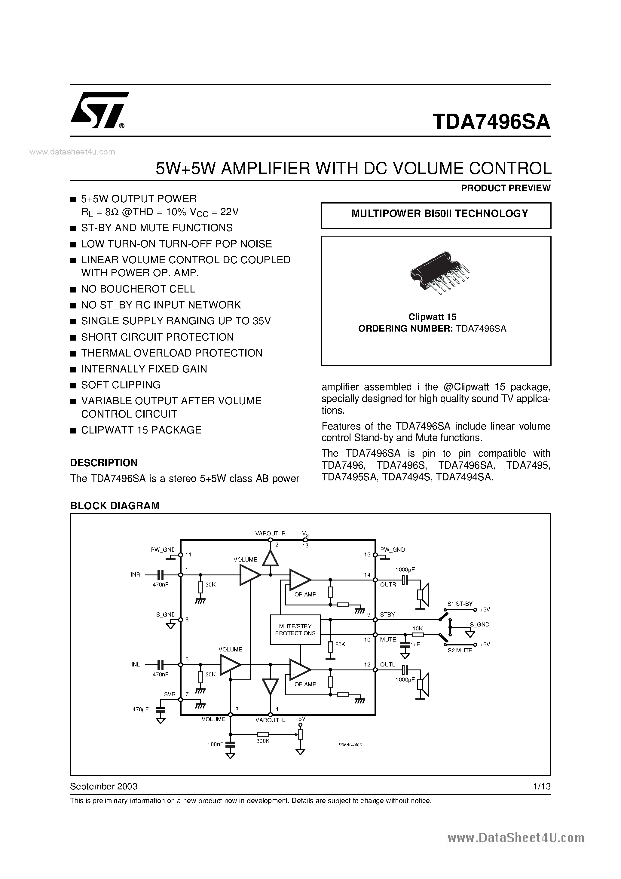 Datasheet TDA7494SA - AMPLIFIER page 1