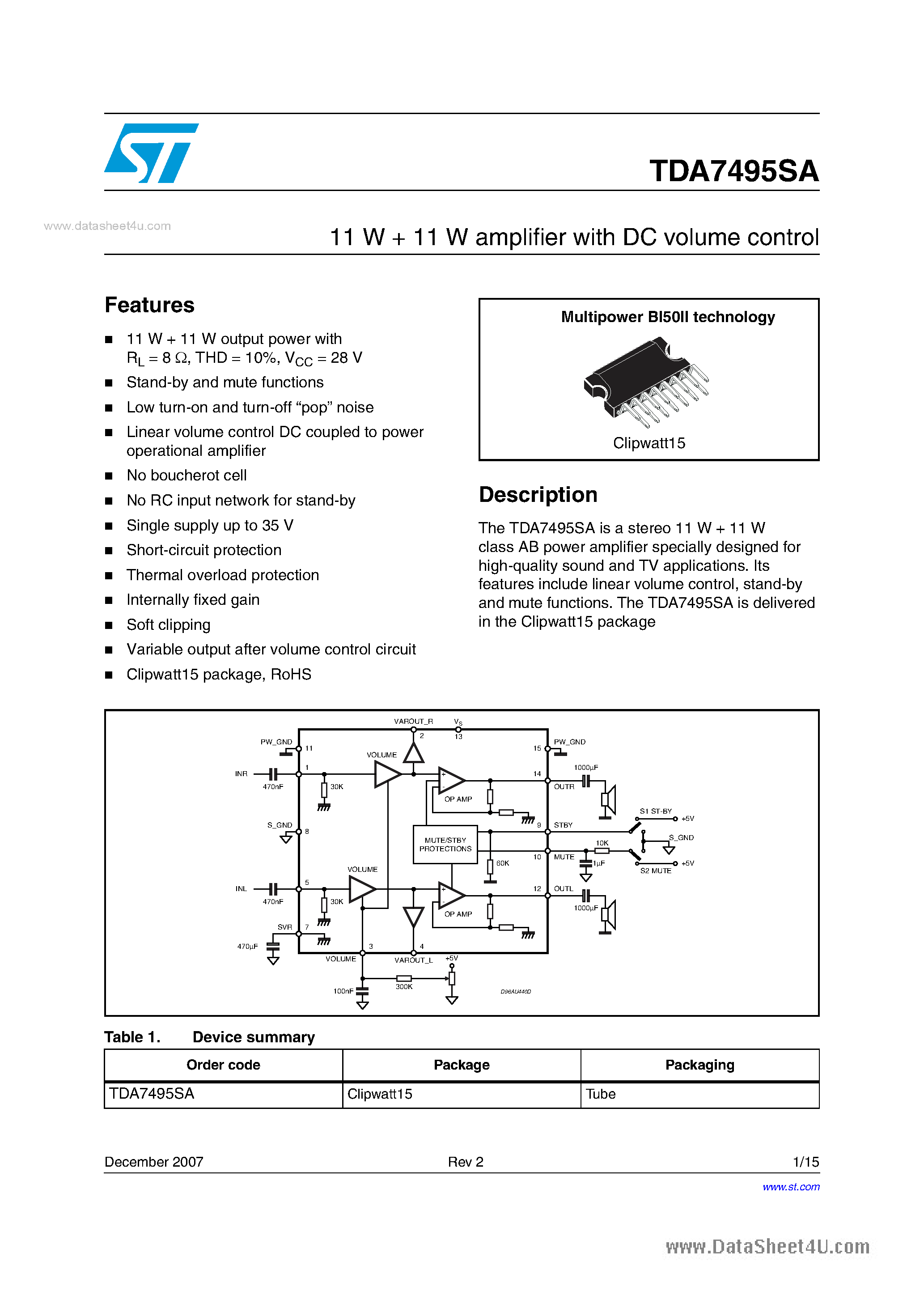 Datasheet TDA7495SA - AMPLIFIER page 1