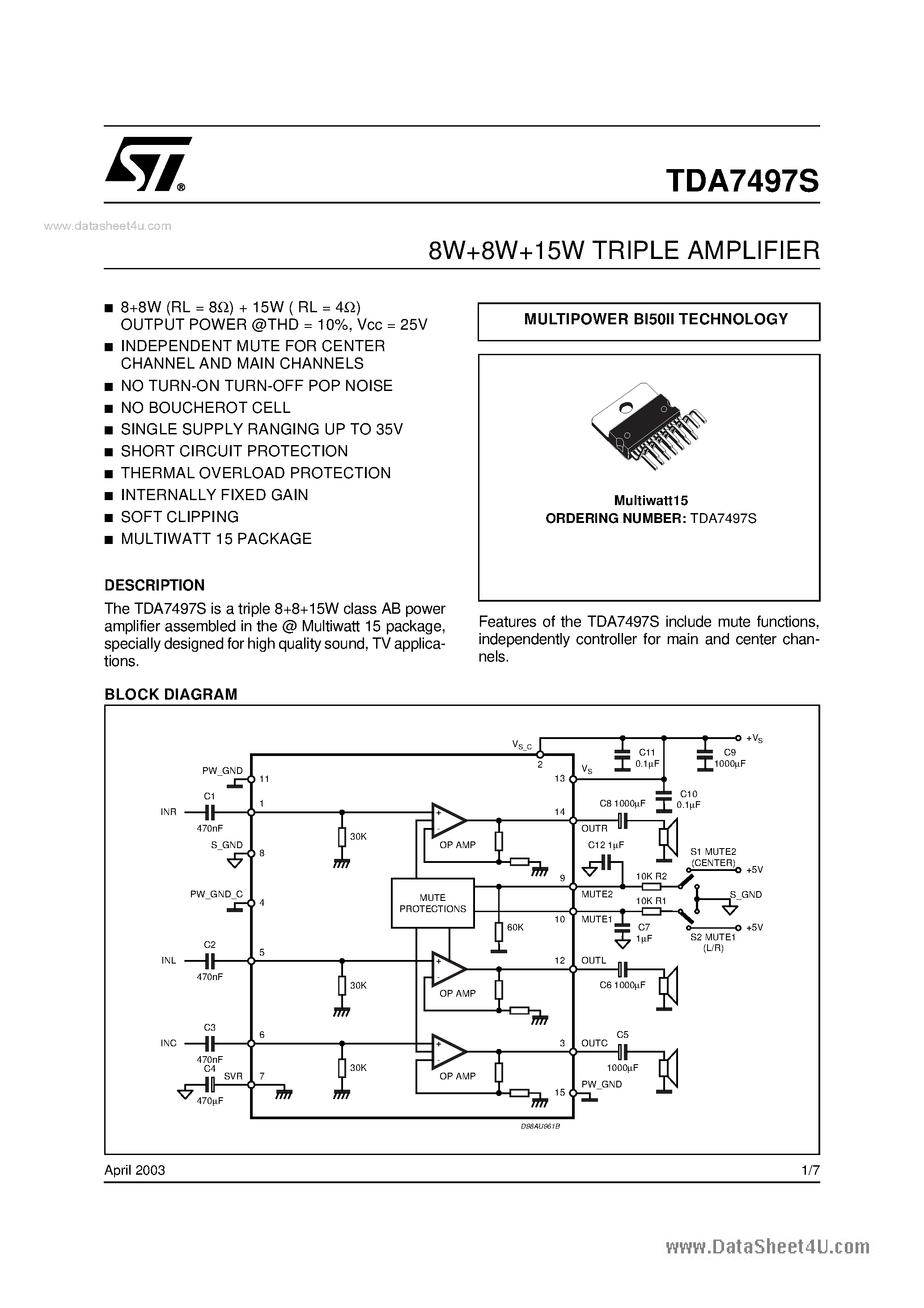 Datasheet TDA7497S - TRIPLE AMPLIFIER page 1