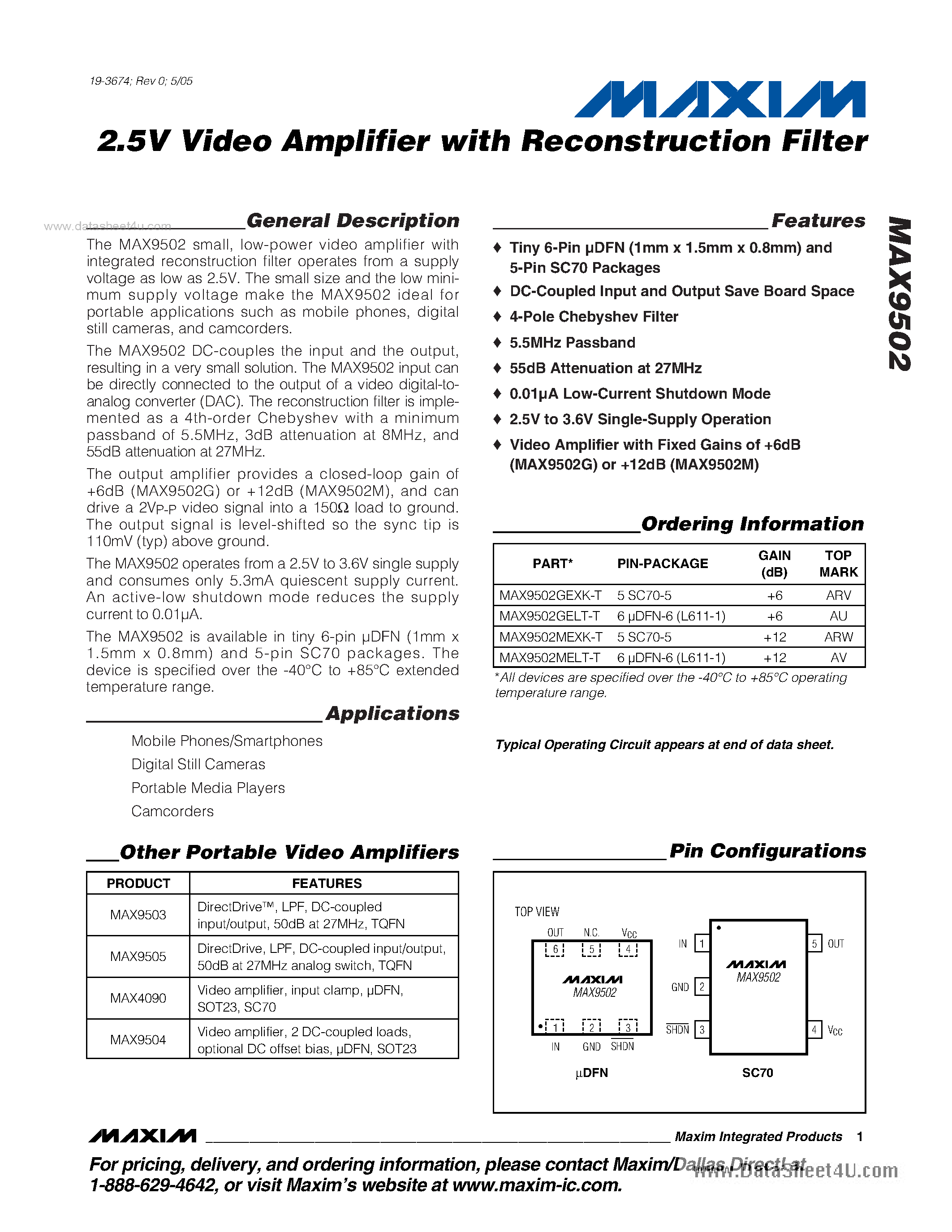 Datasheet MAX9502 - 2.5V Video Amplifier page 1