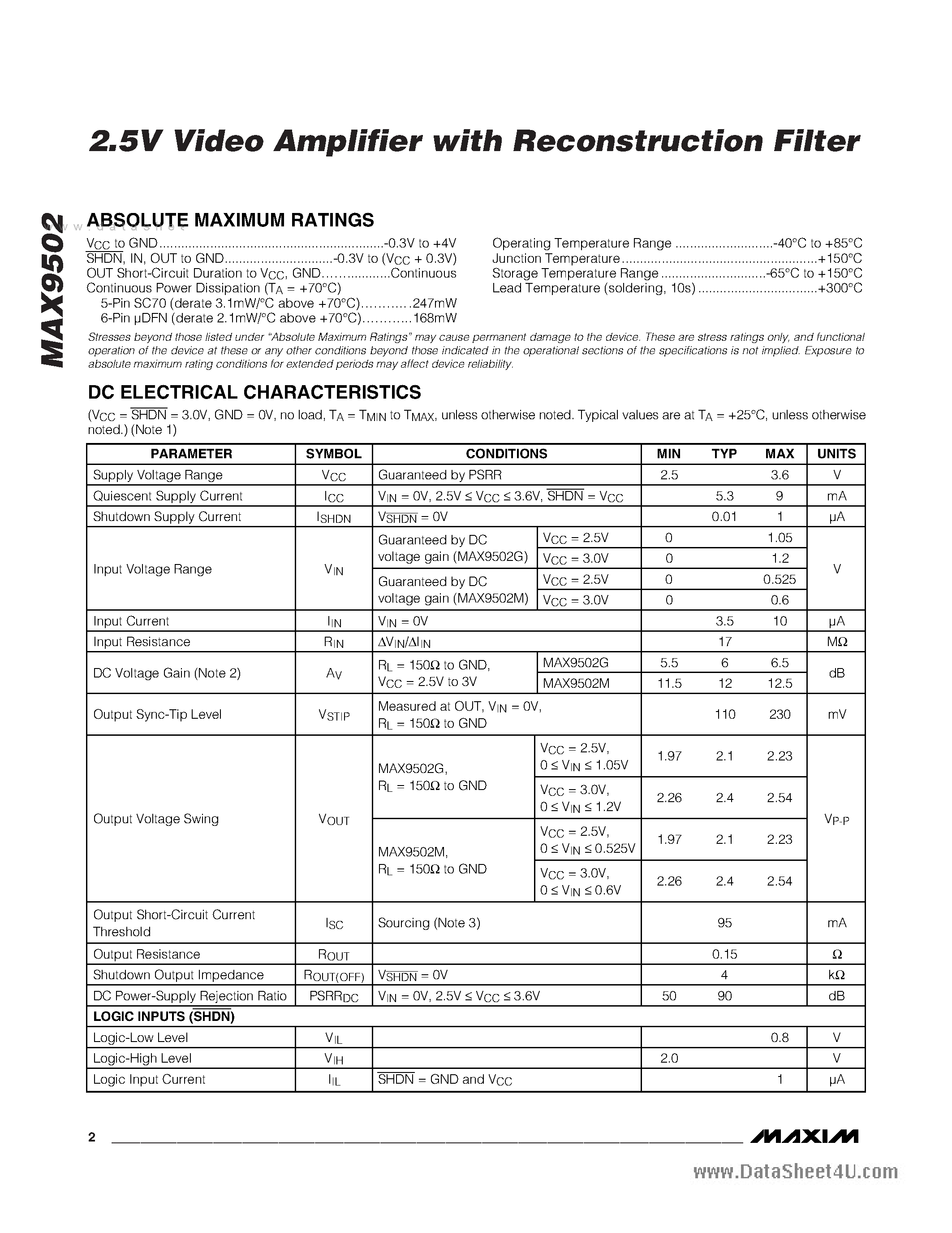 Datasheet MAX9502 - 2.5V Video Amplifier page 2