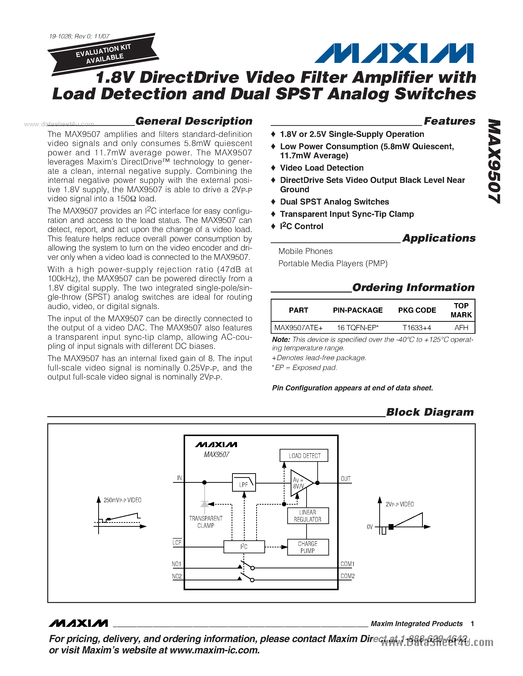 Datasheet MAX9507 - 1.8V DirectDrive Video Filter Amplifier page 1