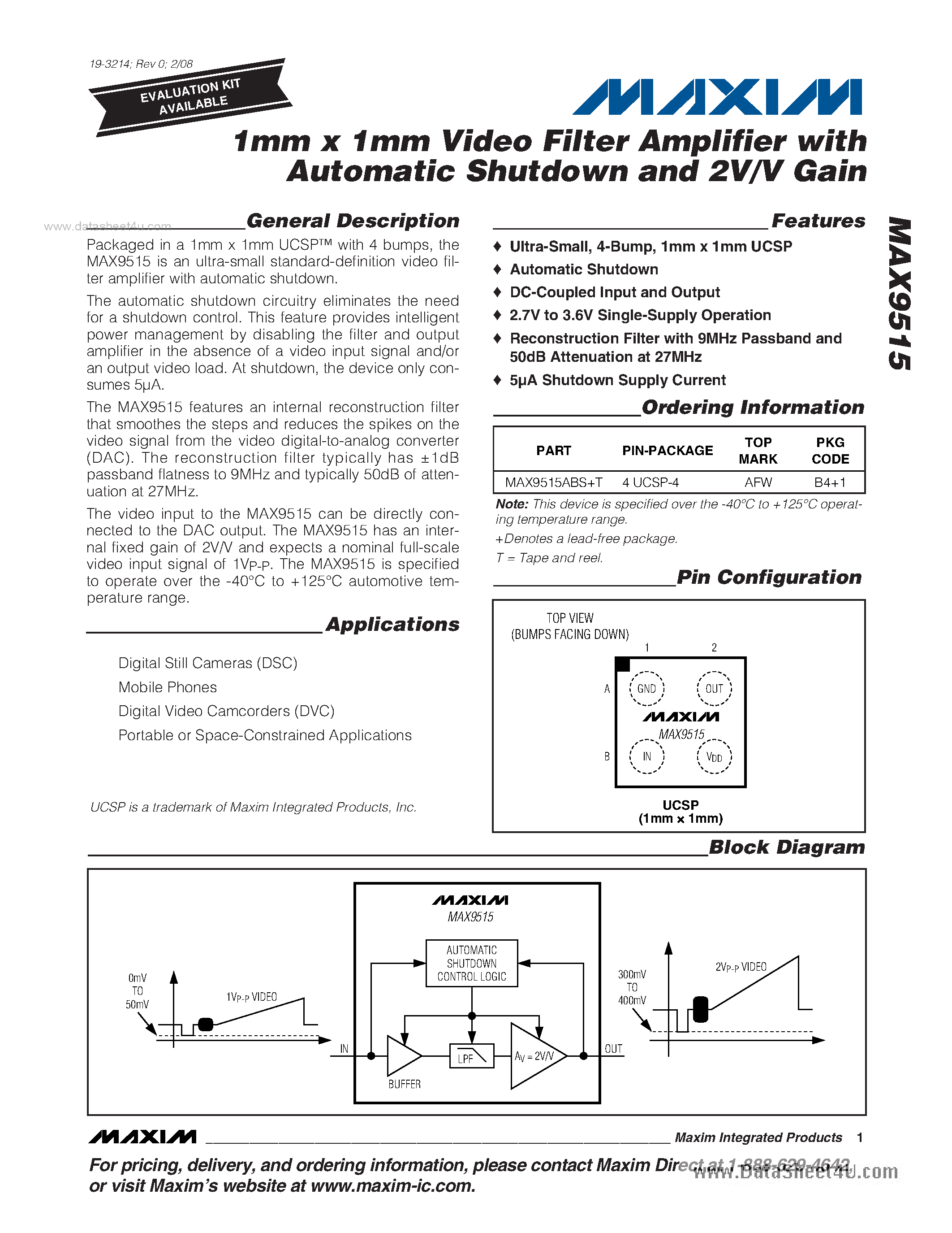 Datasheet MAX9515 - 1mm x 1mm Video Filter Amplifier page 1