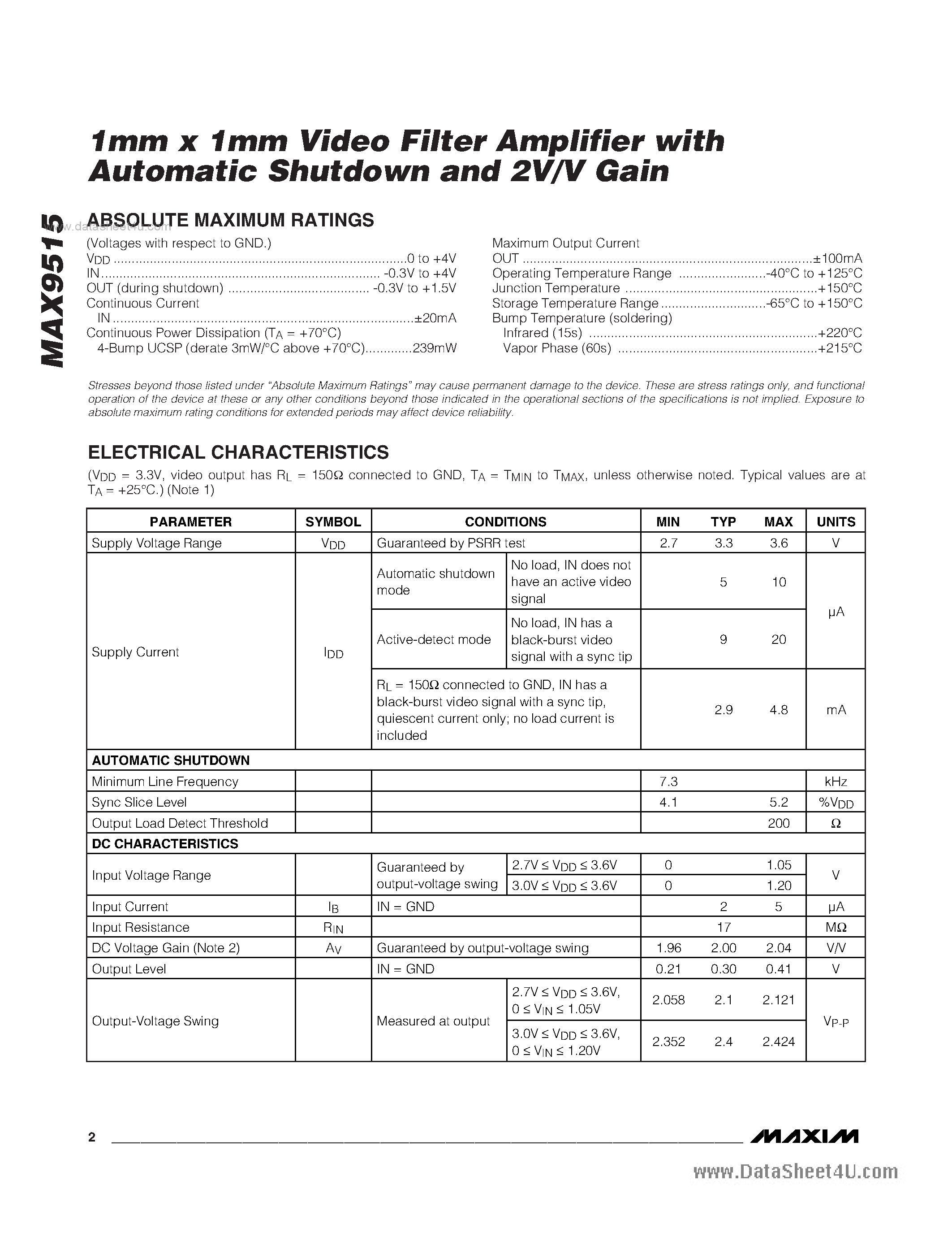 Datasheet MAX9515 - 1mm x 1mm Video Filter Amplifier page 2