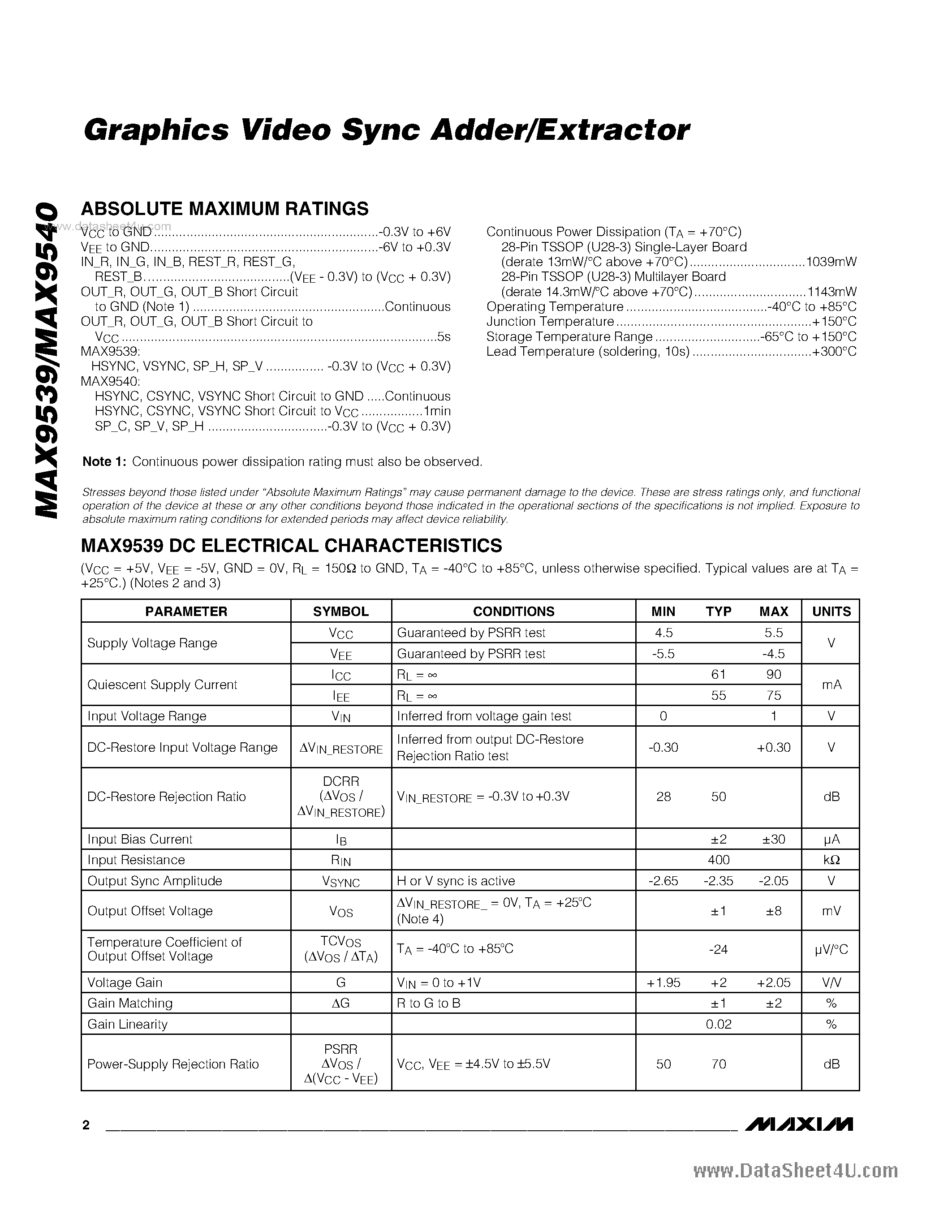 Datasheet MAX9539 page 2 Datasheet MAX9539 - (MAX9539 / MAX9540) Graphics Video Sync Adder/Extractor page 2