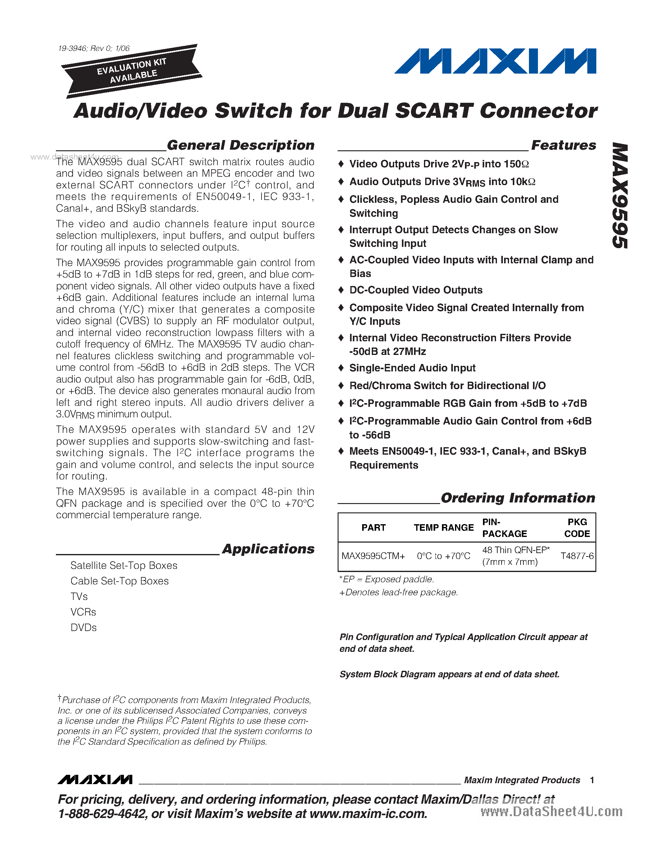 Datasheet MAX9595 page 1 Datasheet MAX9595 - Audio/Video Switch page 1