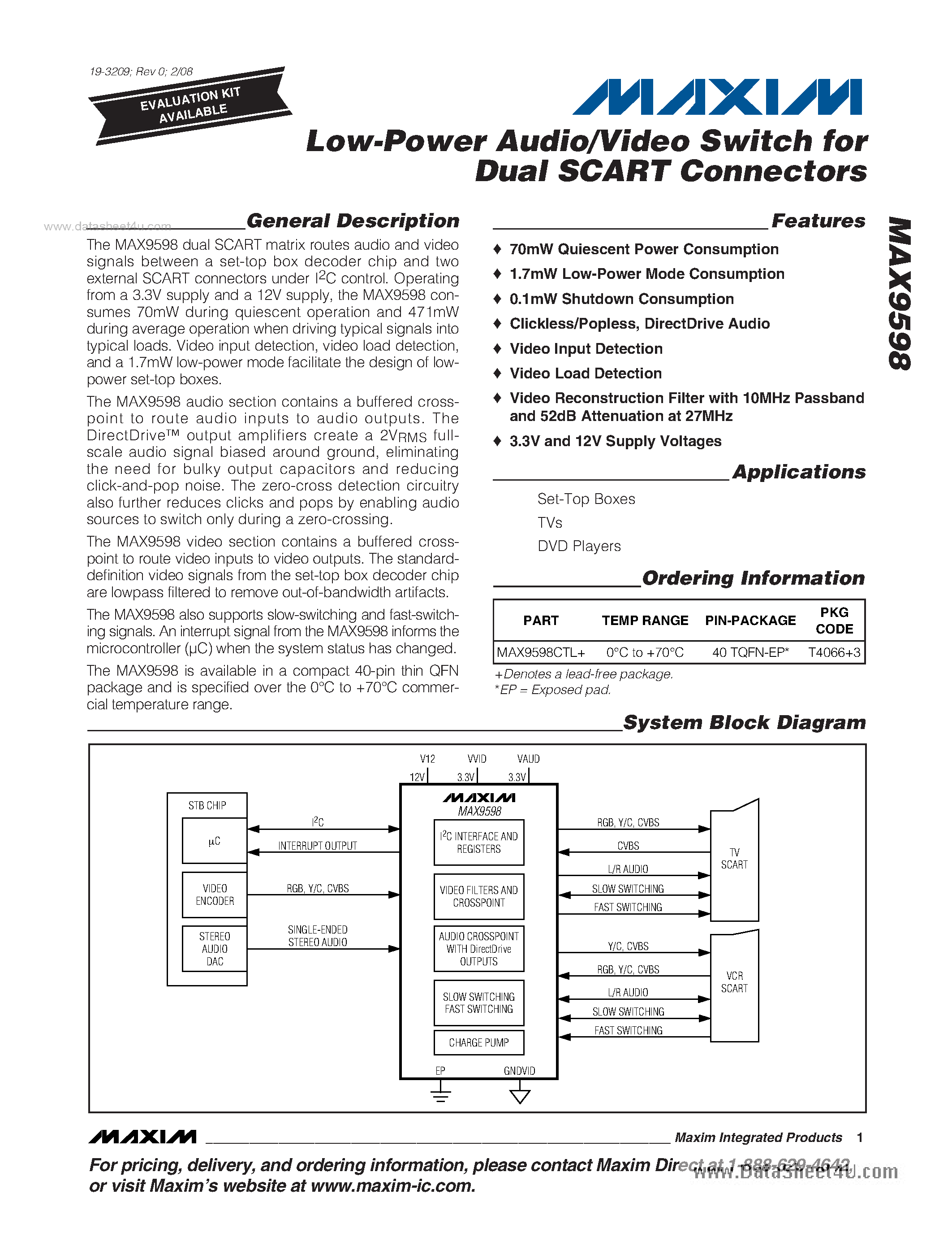 Datasheet MAX9598 page 1 Datasheet MAX9598 - Low-Power Audio/Video Switch page 1