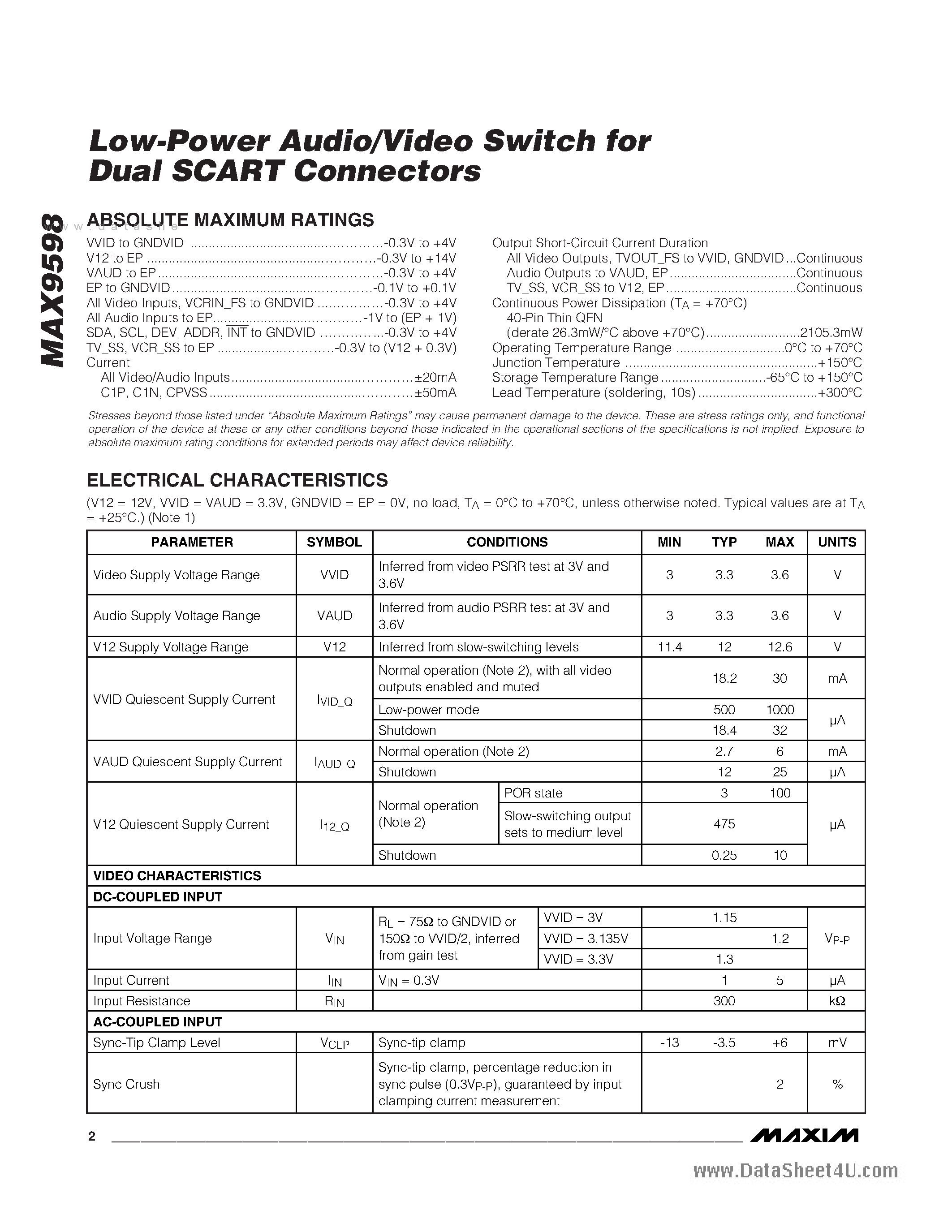 Datasheet MAX9598 page 2 Datasheet MAX9598 - Low-Power Audio/Video Switch page 2