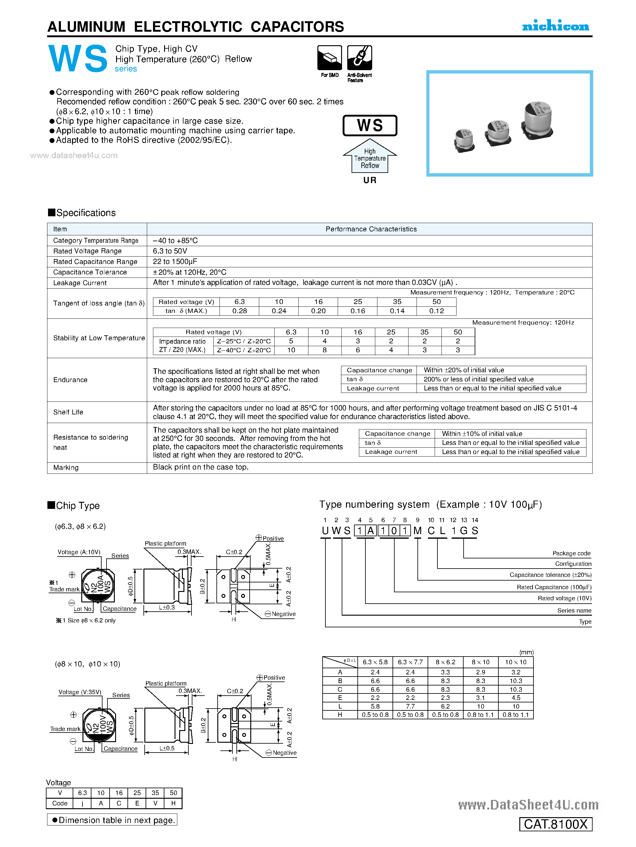 Datasheet UWS0Jxxxxxxxxx - Aluminum Electrolytic SMT High Temp Reflow Capacitor page 1