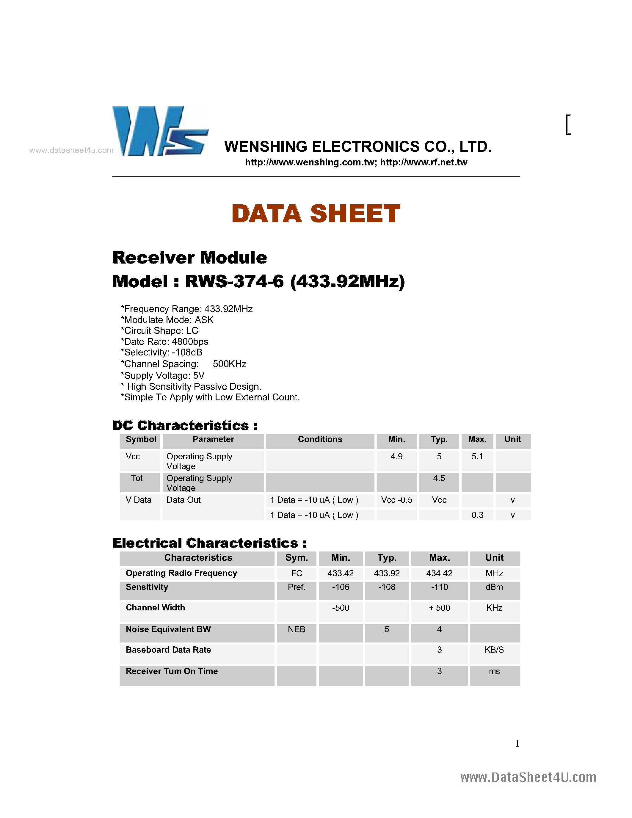 Datasheet RWS-374-6 page 1 Datasheet RWS-374-6 - Receiver Module page 1