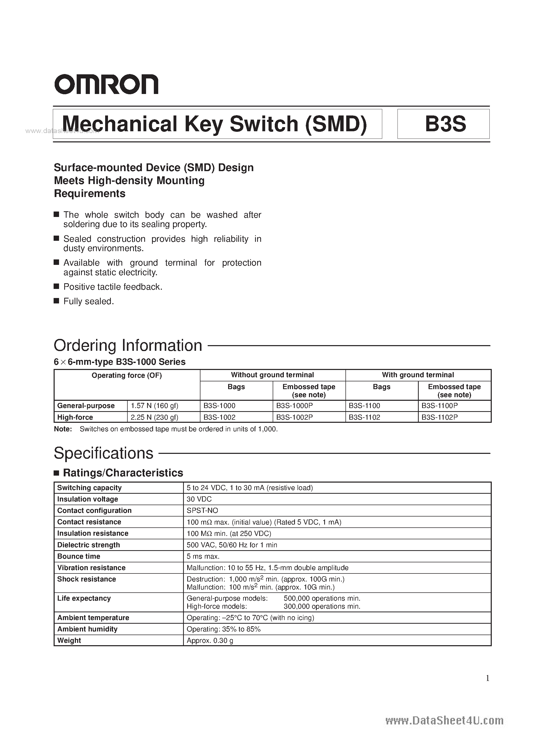 Даташит на микросхему B3S страница 1 Даташит B3S - Mechanical Key Switch страница 1
